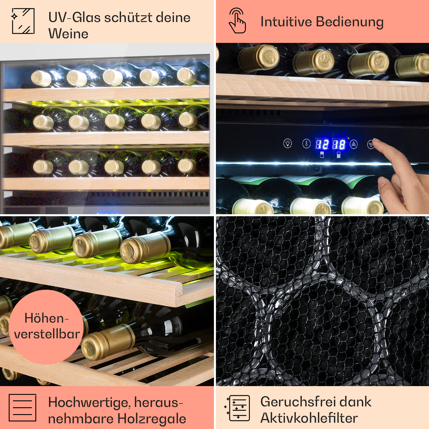 Cantinetta con bottiglie, pannello di controllo e ripiani in legno. Testo su vetro UV e ripiani regolabili.