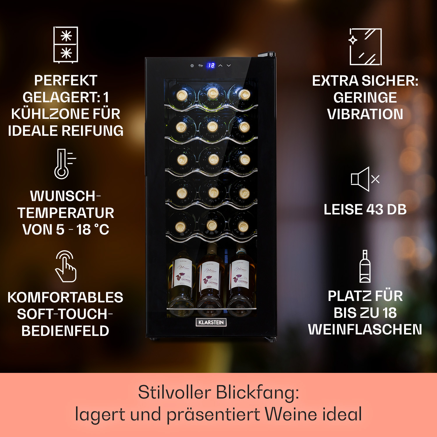 Weinkühler mit Weinflaschen, Temperaturanzeige und deutschem Text über Lagerung und Funktionen.