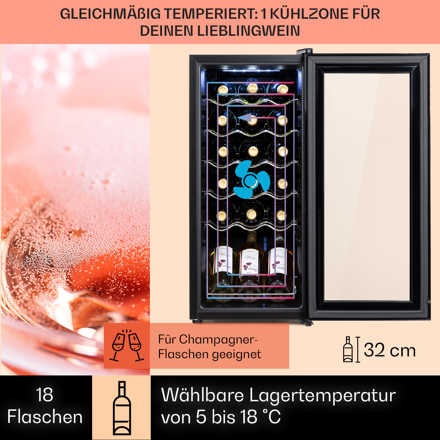 Weinkühler mit Flaschen darin. Text auf Deutsch. Rosa Flüssigkeit in einem Glas links. Weinflaschen innen.