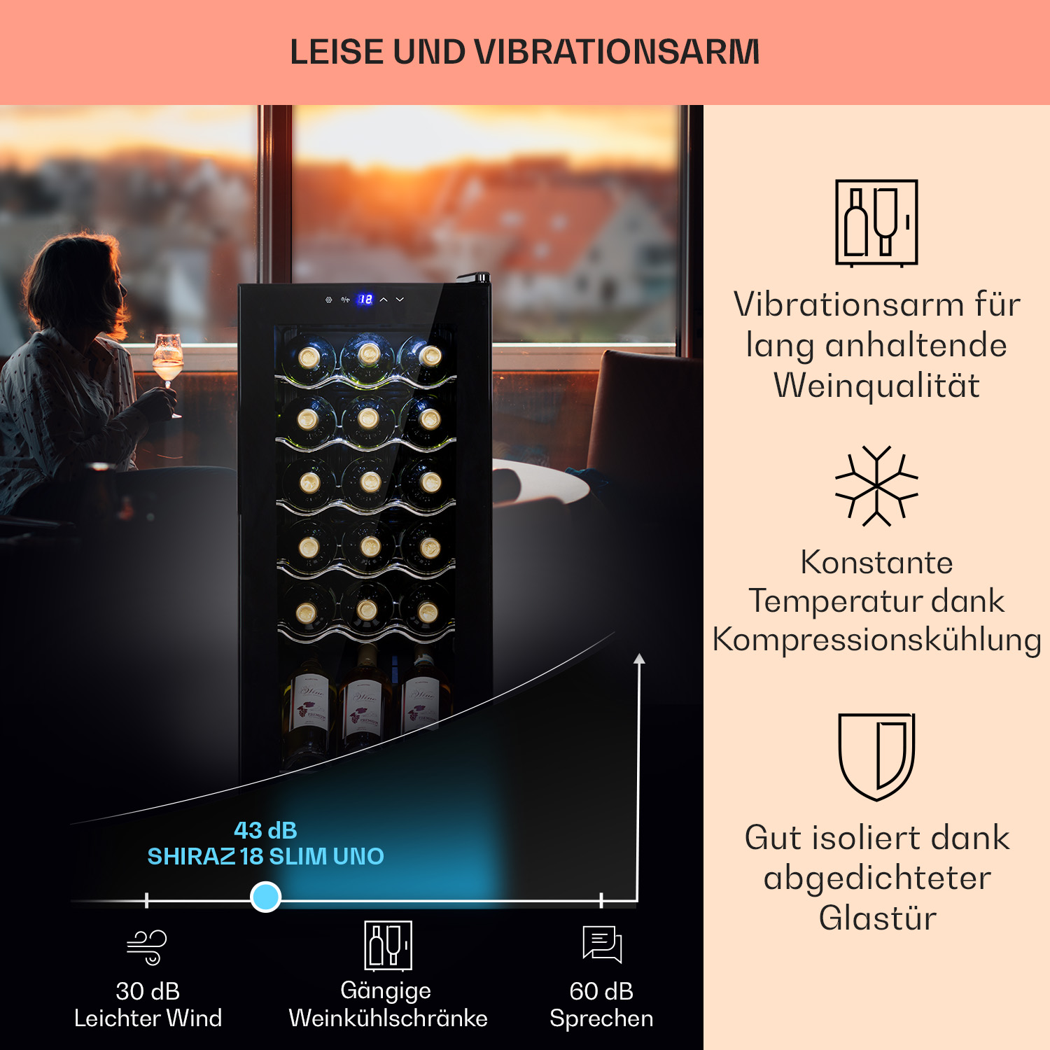 Weinkühler mit Flaschen. Text: leise, vibrationsarm und konstante Temperatur.