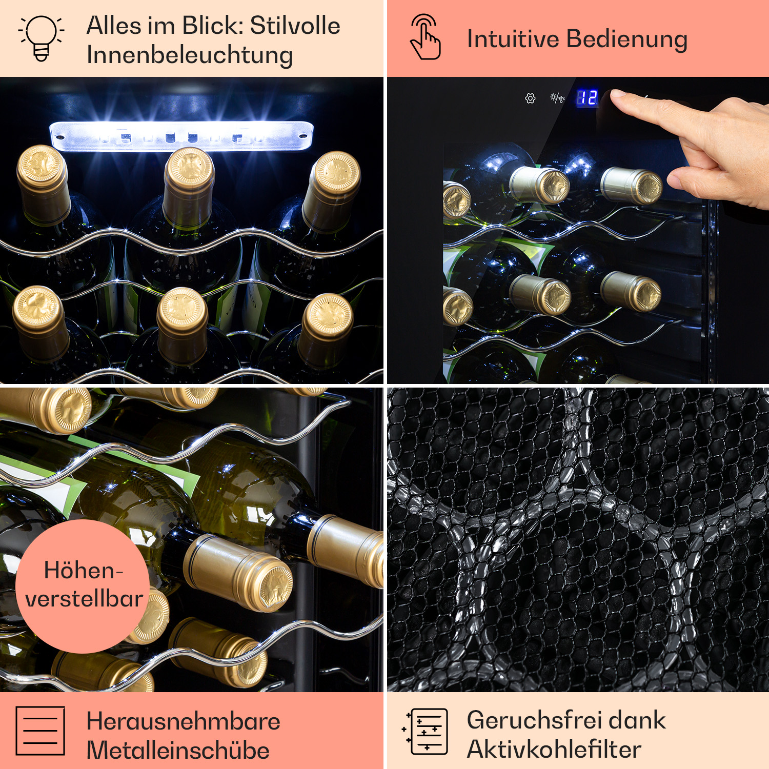 Nahaufnahme eines Weinkühlers mit Flaschen und hervorgehobenen Funktionen.