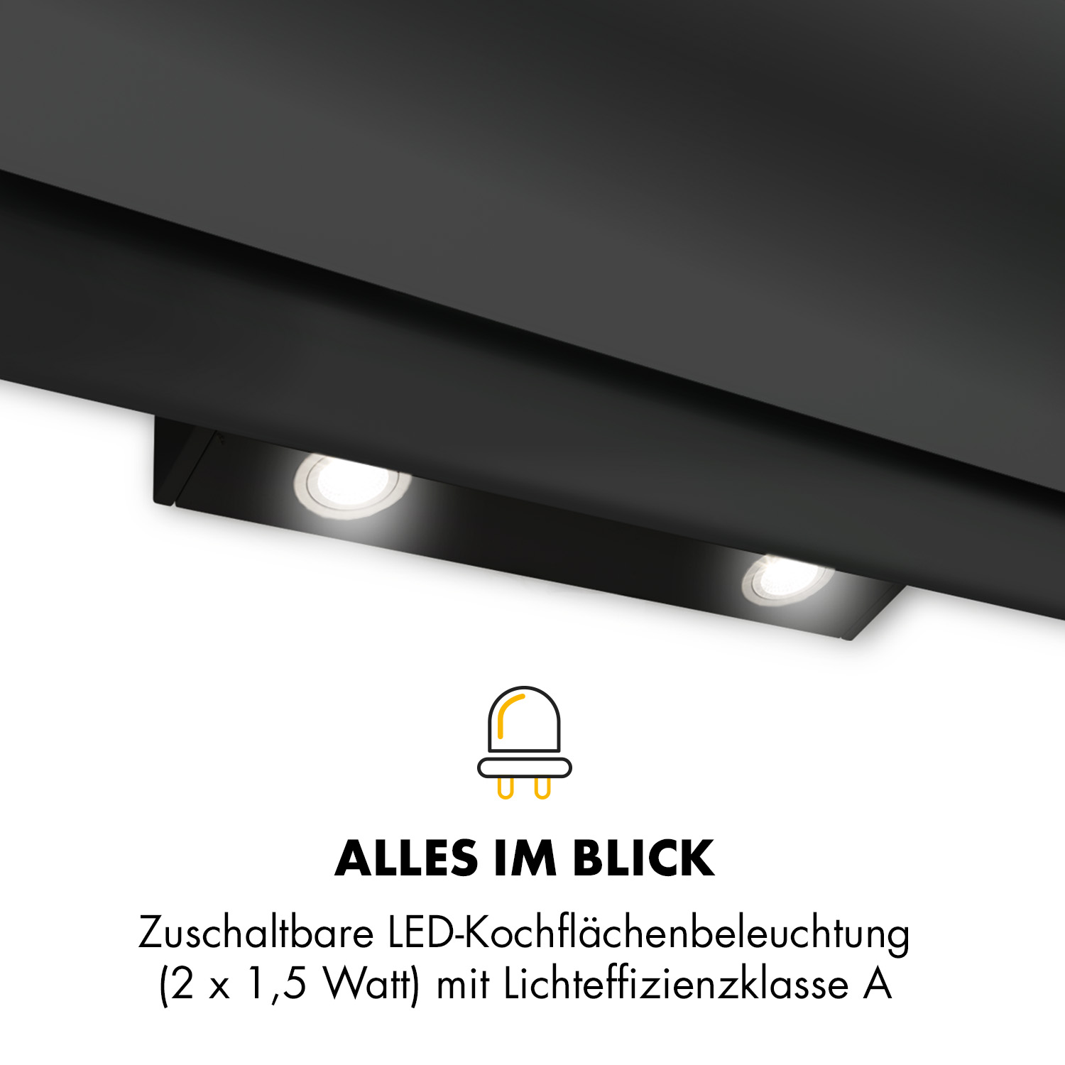 Schwarze Küchenhaube mit zwei LED-Leuchten. Text: „ALLES IM BLICK“. Zwei Lichter leuchten.