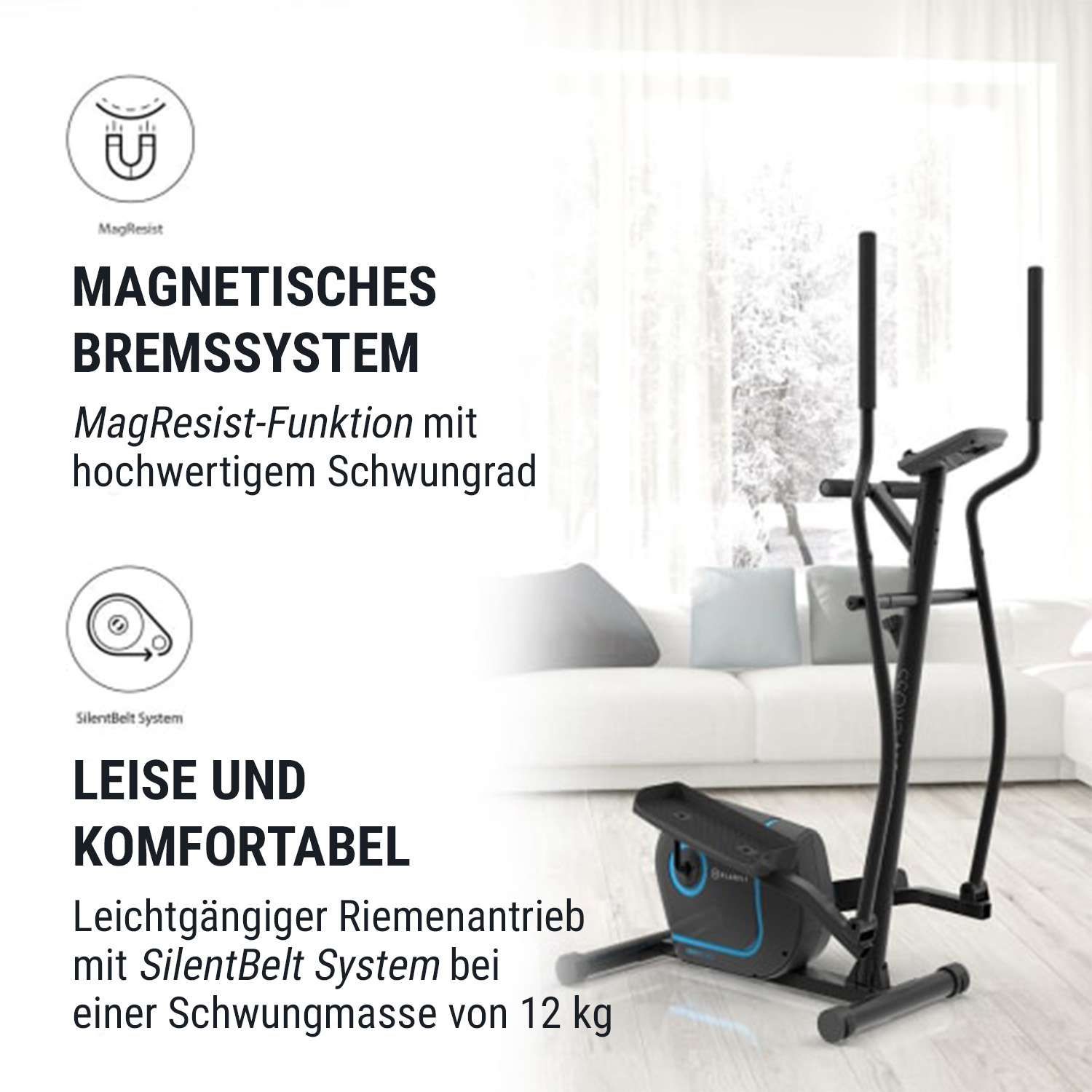 Ein Ellipsentrainer mit Beschreibungen seiner Eigenschaften und Vorteile.
