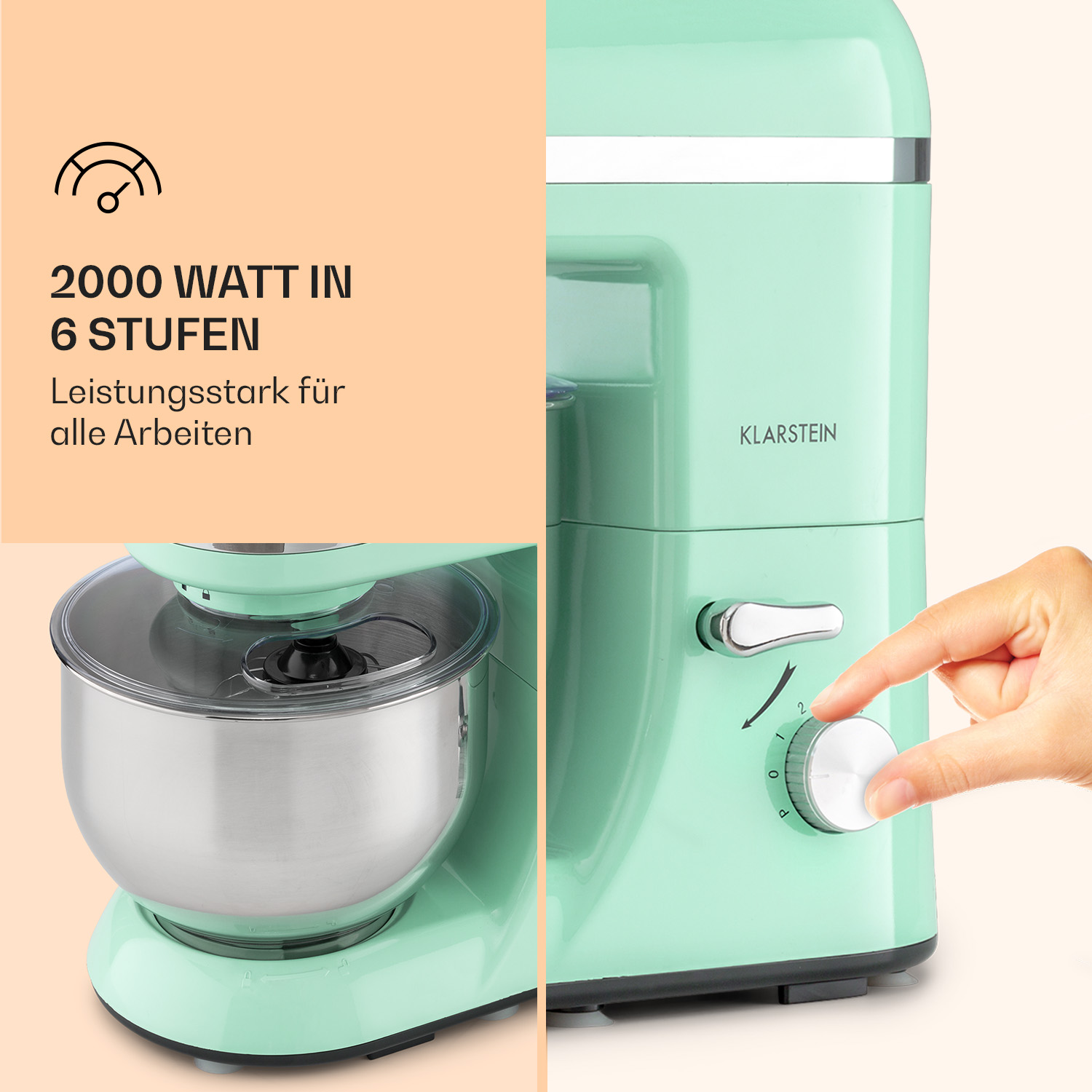 Impastatrice verde menta con una mano che gira un quadrante. L'impastatrice ha una ciotola.