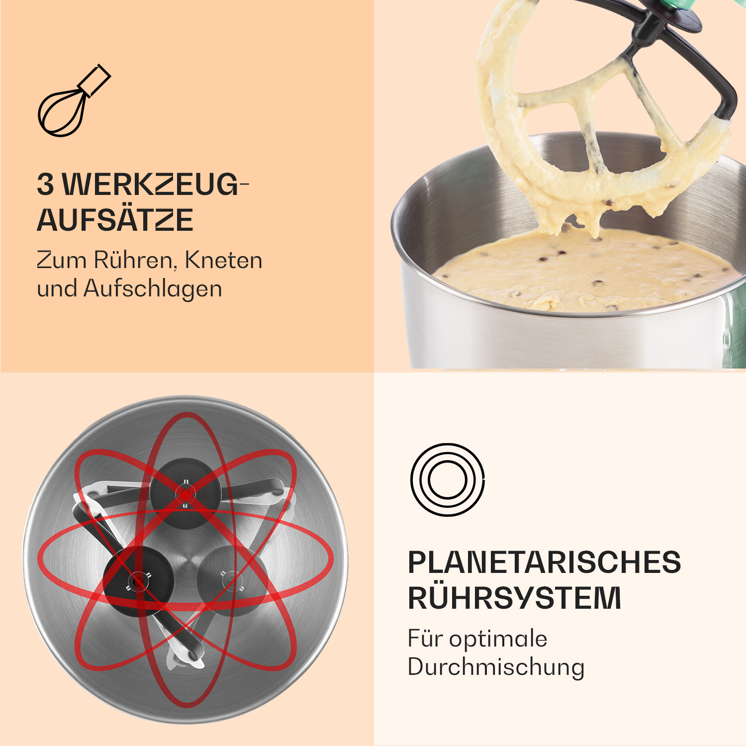 Frullatore con accessori e una ciotola di pastella, che mostra un sistema di miscelazione planetaria.