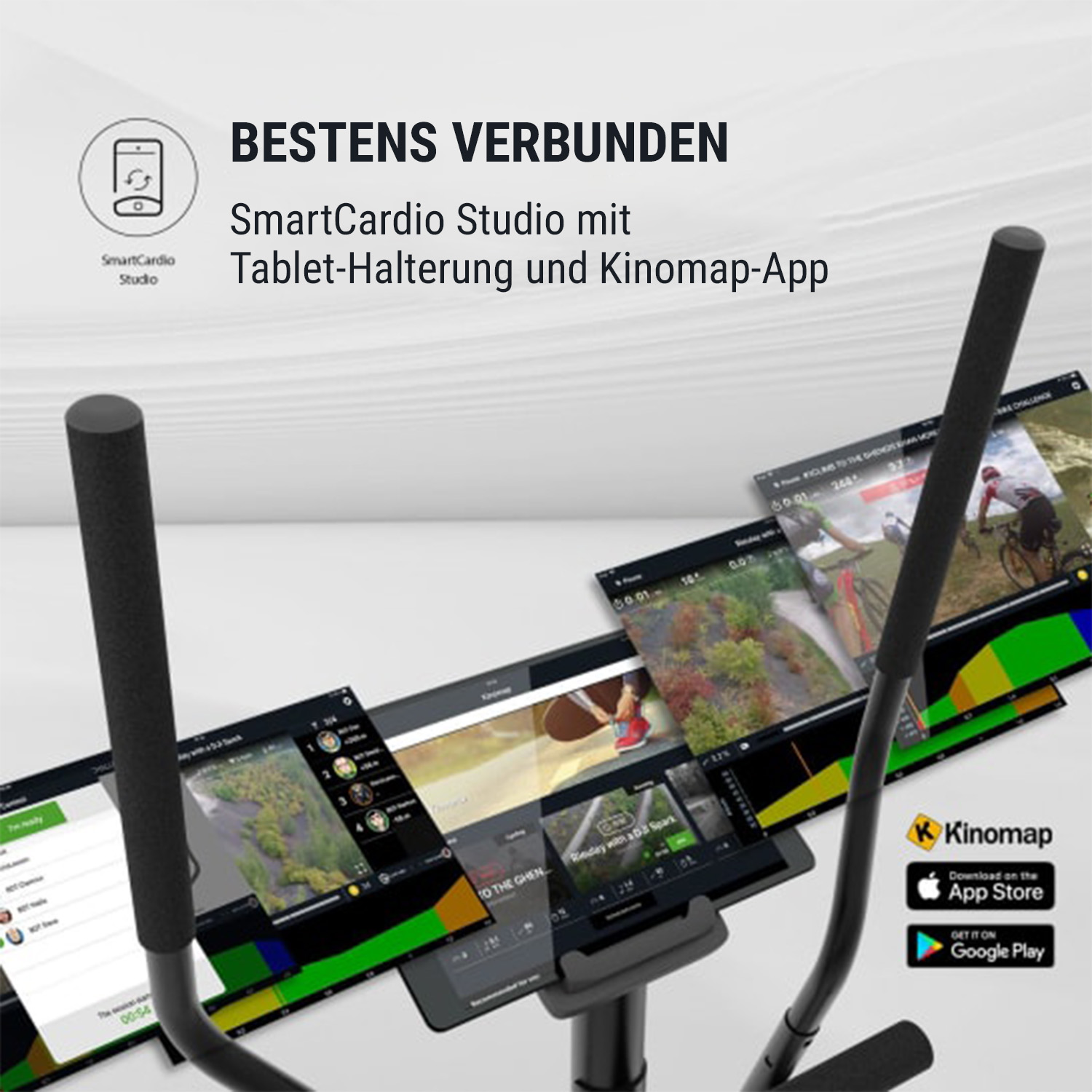 Ein Heimtrainer mit mehreren Bildschirmen, die Trainingsdaten und die App-Oberfläche anzeigen.