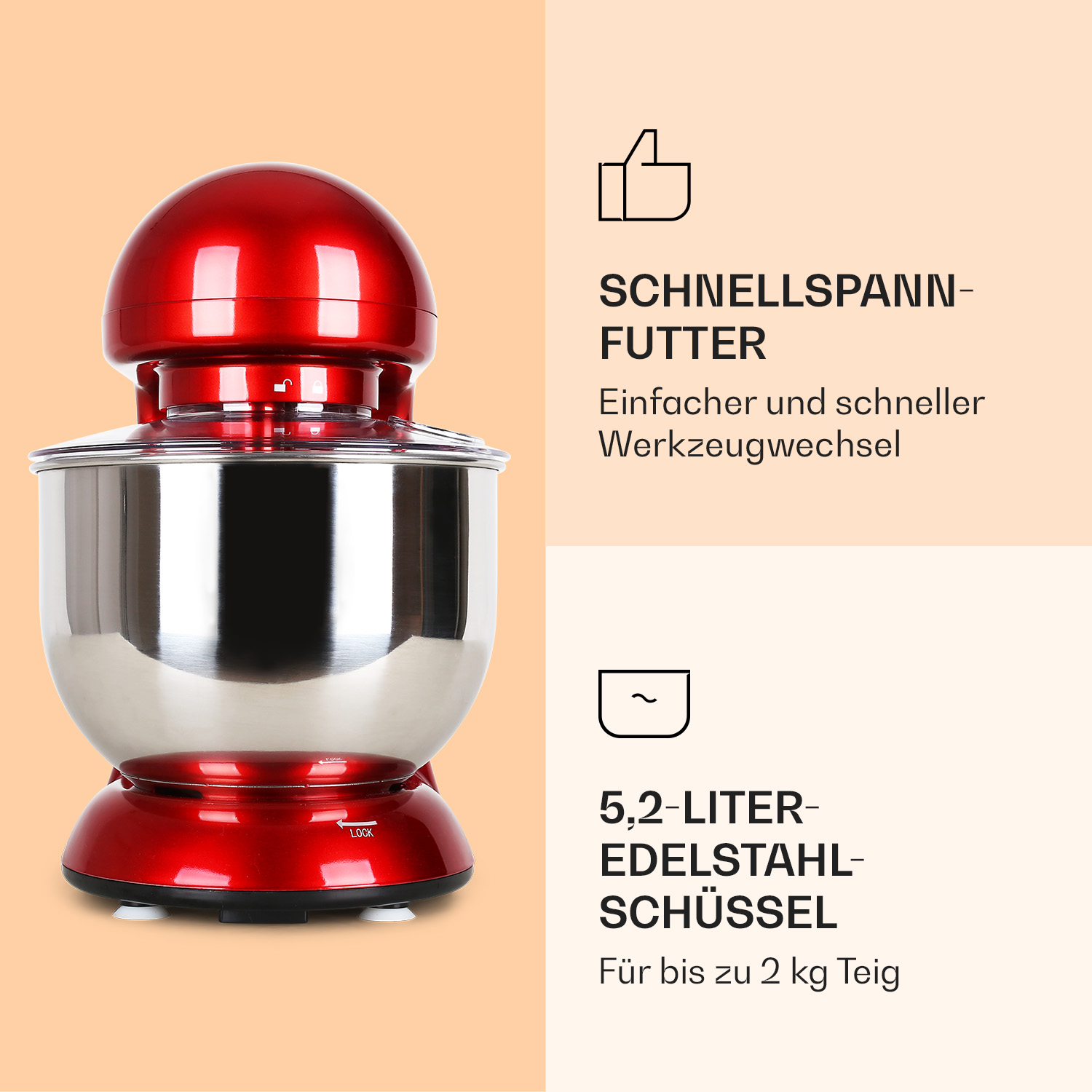 Roter Küchenmixer mit silberner Schüssel. Text: Schnellspannfutter, 5,2L Edelstahlschüssel.