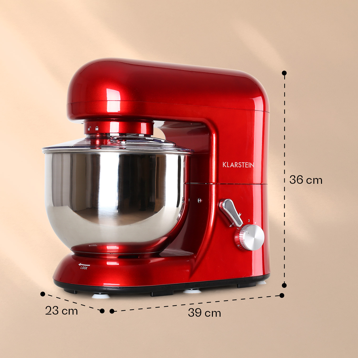 Roter Küchenmixer mit Edelstahlschüssel. Maße: 23x39x36 cm. Marke: Klarstein.
