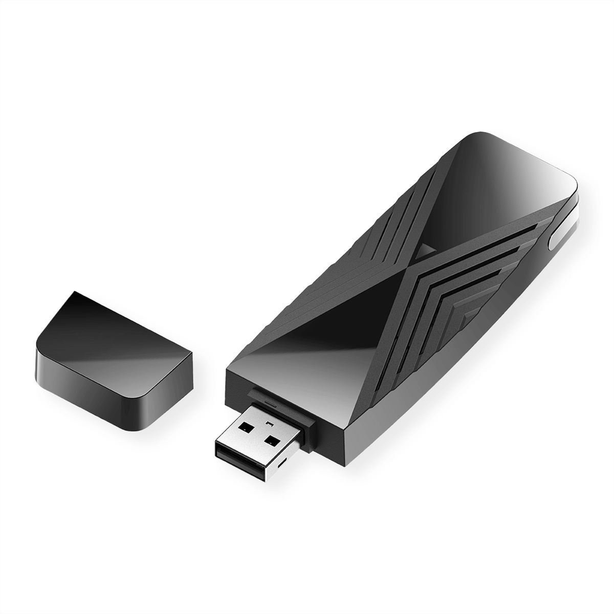 Schwarzer USB-Stick mit Schutzkappe. Er liegt leicht angewinkelt auf weißem Grund.