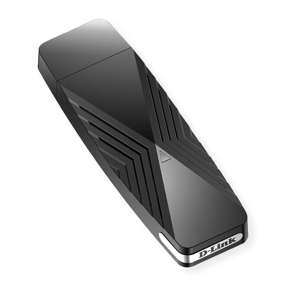 Schwarzer D-Link USB-WLAN-Adapter mit schlankem, eckigem Design, weißer Hintergrund.