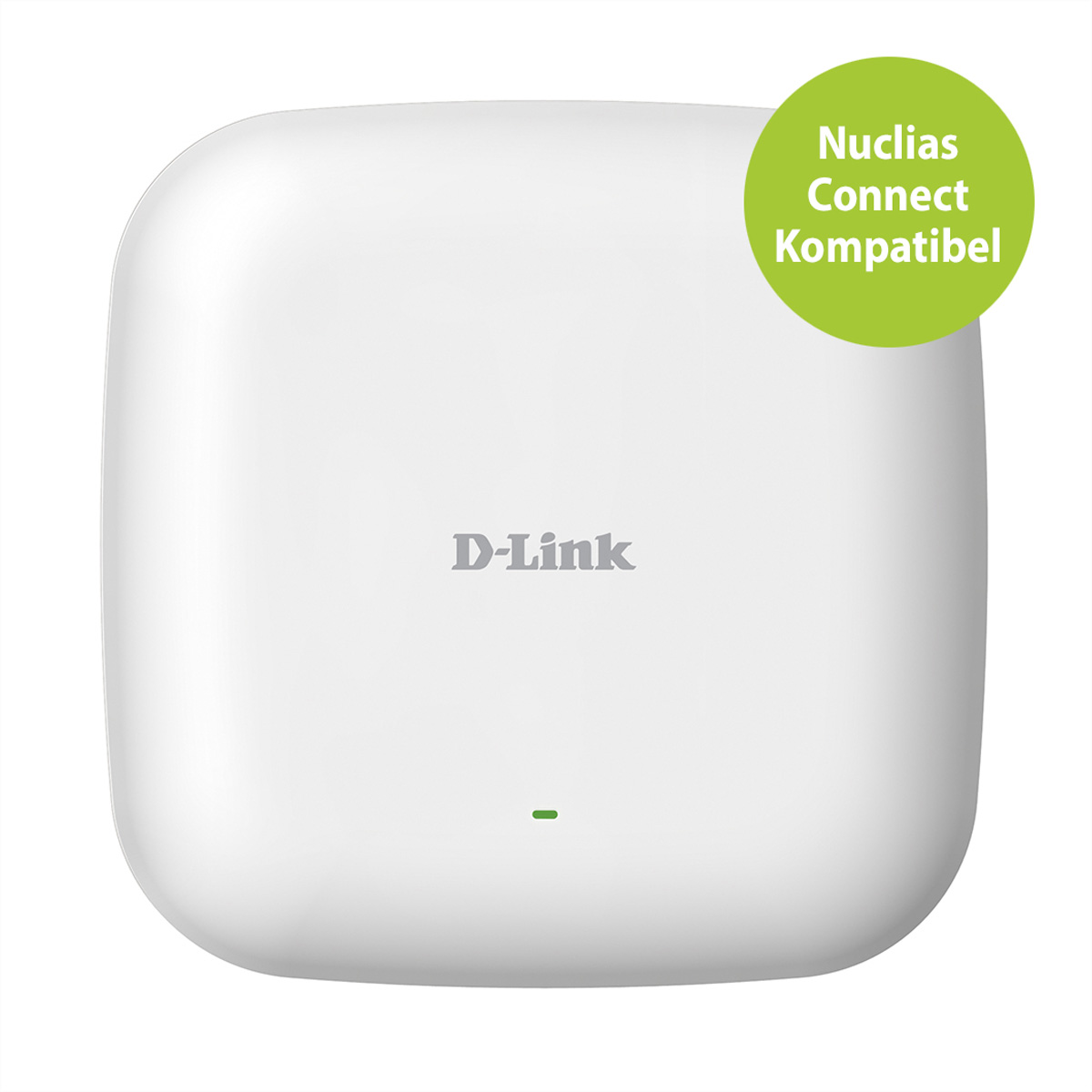 Weißer D-Link-Router. Ein grünes Licht leuchtet. Text: 'Nuclias Connect Kompatibel'.