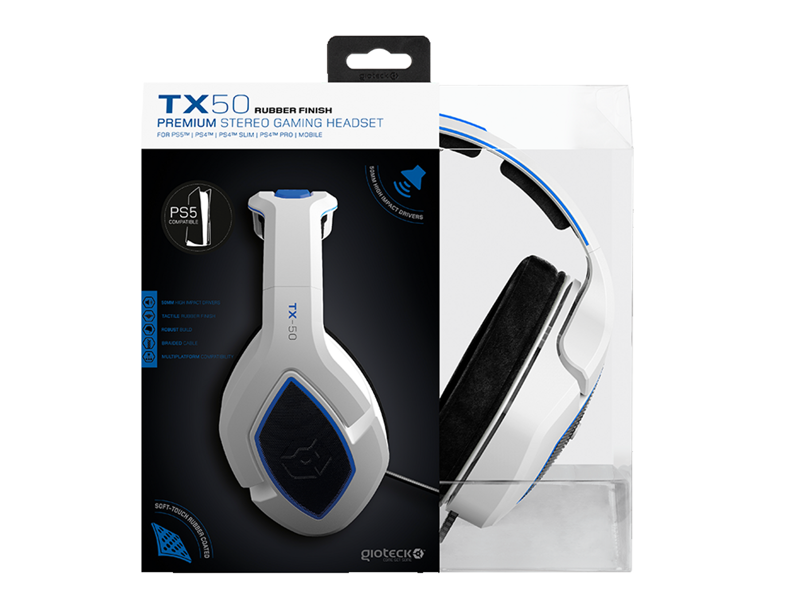 Zestaw słuchawkowy w opakowaniu. Biało-niebieski zestaw słuchawkowy, pudełko pokazuje produkt.