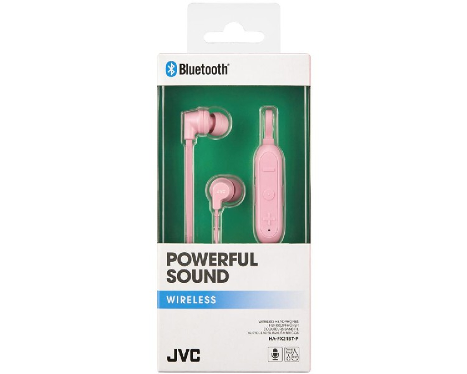 Auricolari JVC wireless rosa in una scatola con la scritta 'Wireless'.