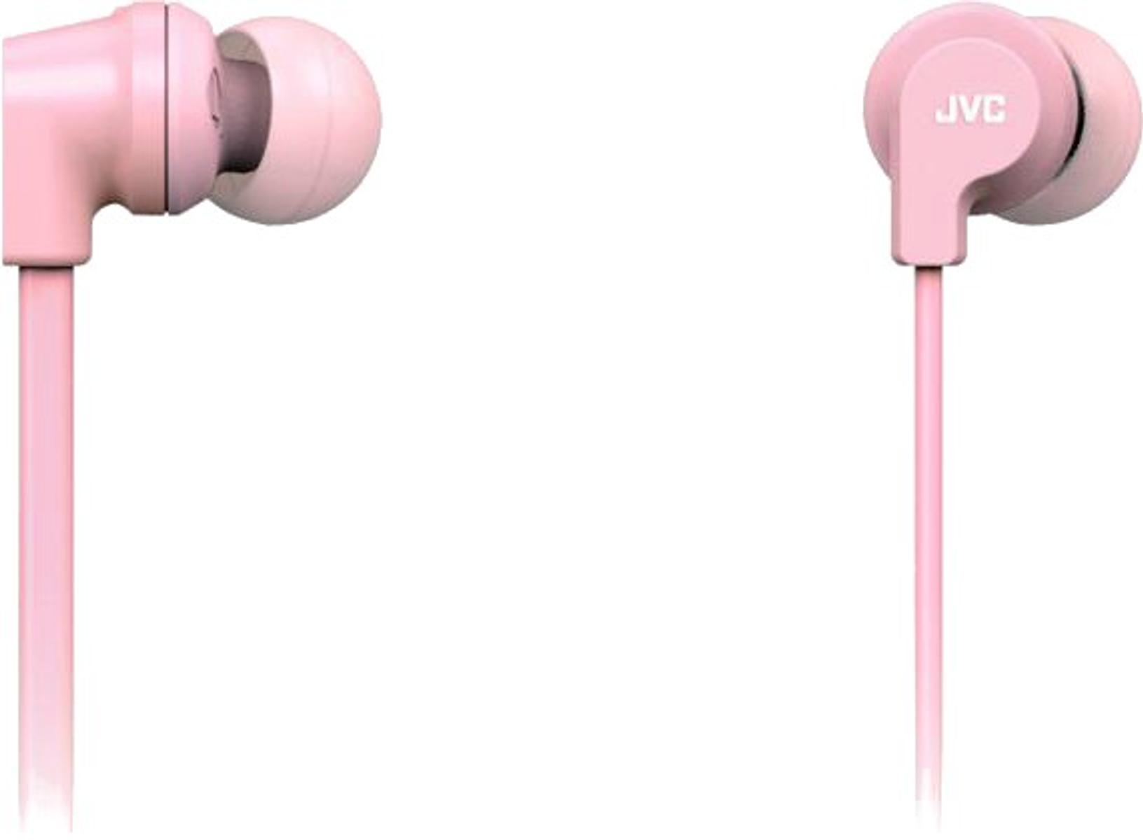 Due auricolari JVC rosa con cavi, sfondo bianco.