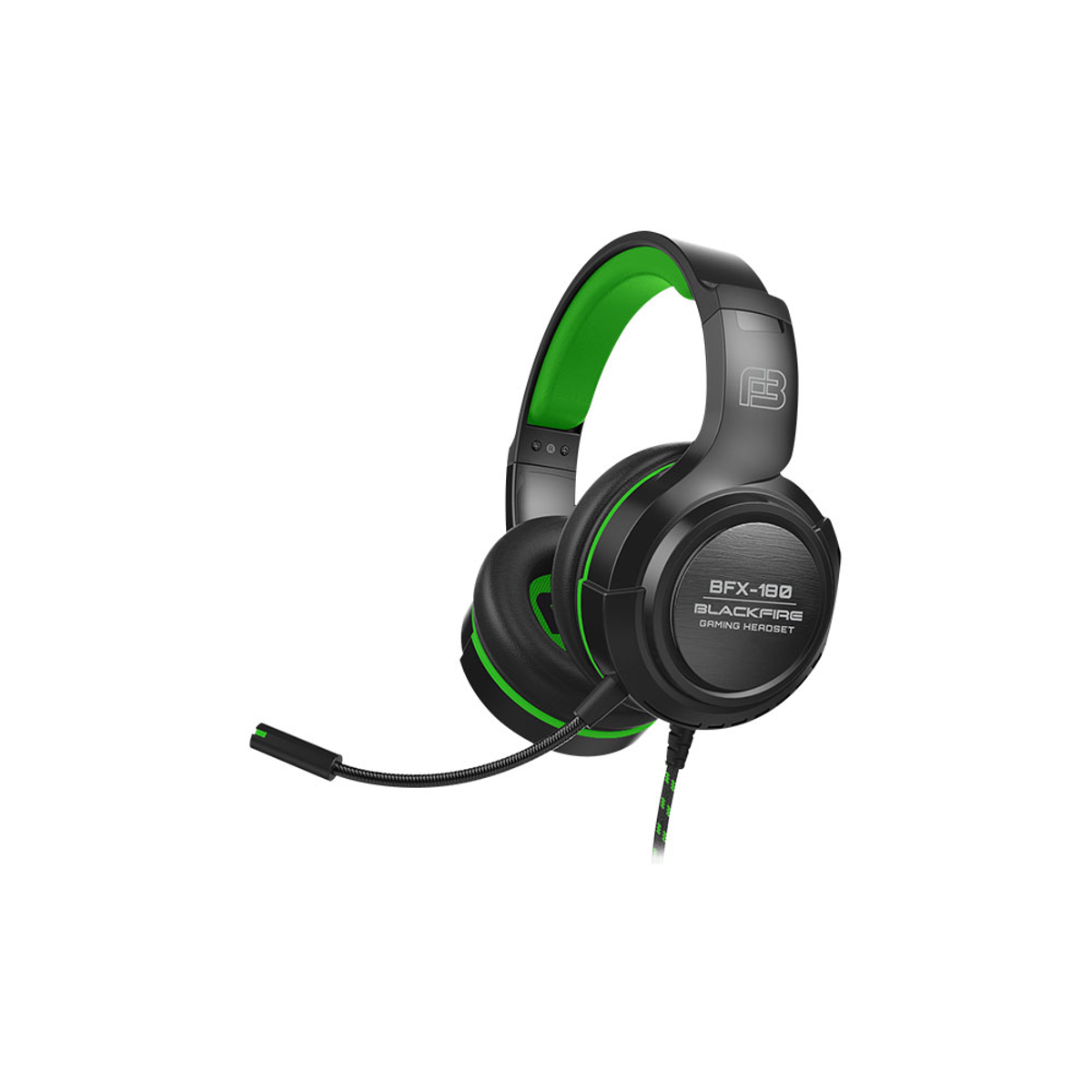 Auriculares para juegos negros y verdes con micrófono y nombre de la marca.