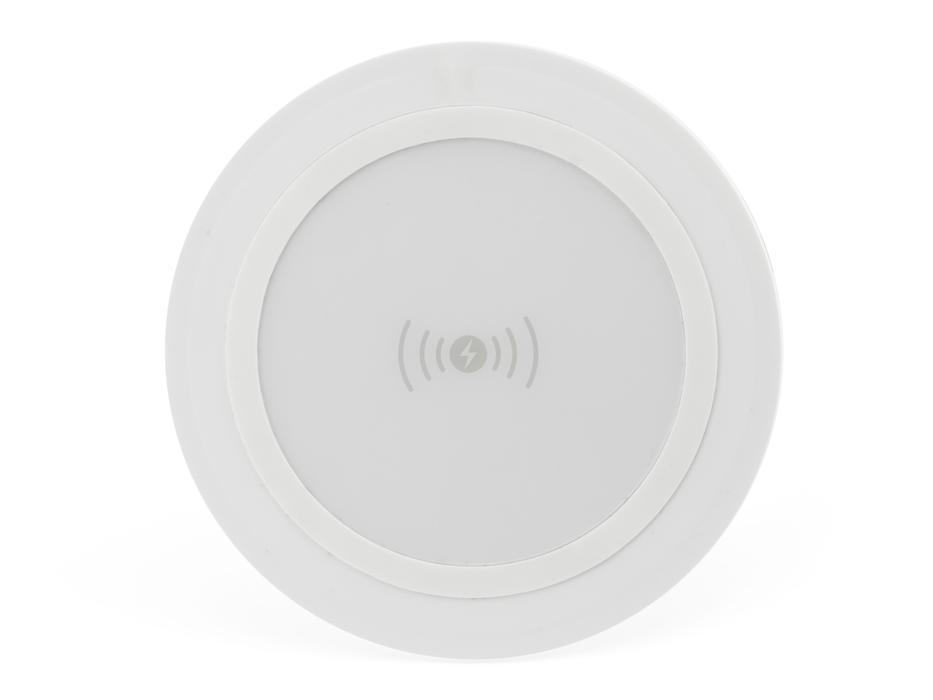 Witte draadloze oplader met een ring rond het midden en een symbool voor draadloos opladen.