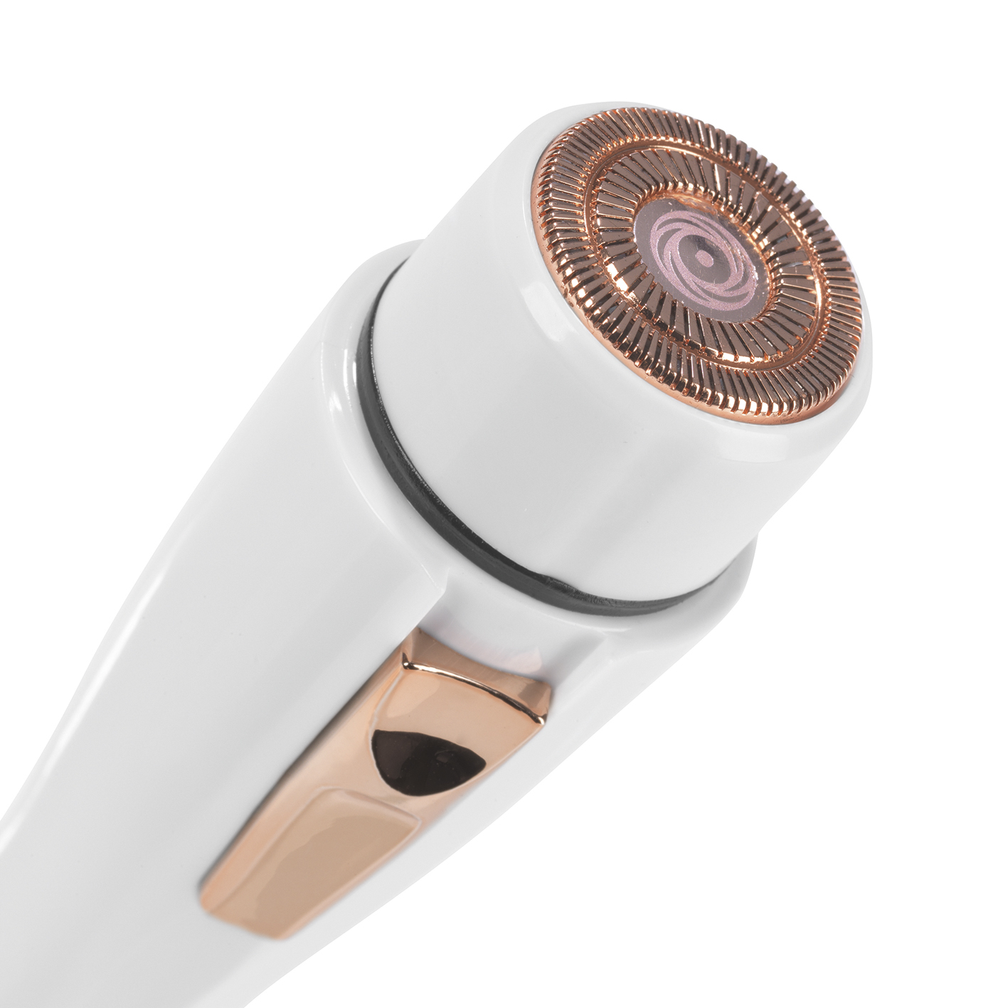 Rasoio elettrico bianco e oro rosa, angolato verso l'alto. La parte superiore mostra una superficie di taglio circolare.