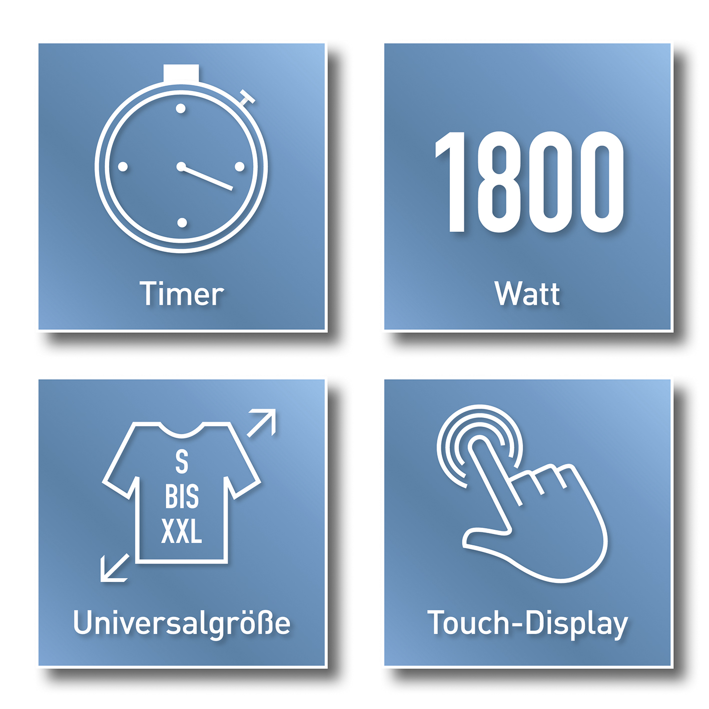 Blaue Quadrate mit Symbolen: Timer, 1800 Watt, universelle Hemdgröße und Touch-Display.