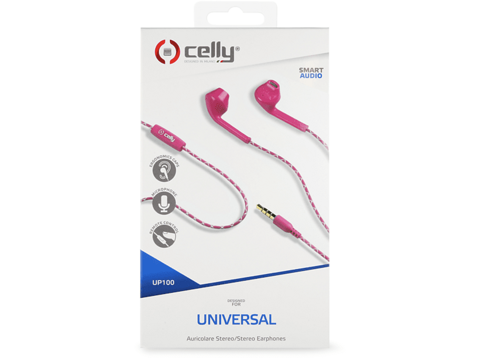 Scatola di auricolari rosa. La scatola ha il marchio. Il cavo è bianco. Gli auricolari sono rosa.