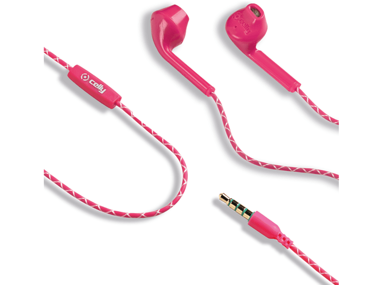 Auricolari Celly rosa, con cavi a strisce rosa e bianche e connettore rosa.