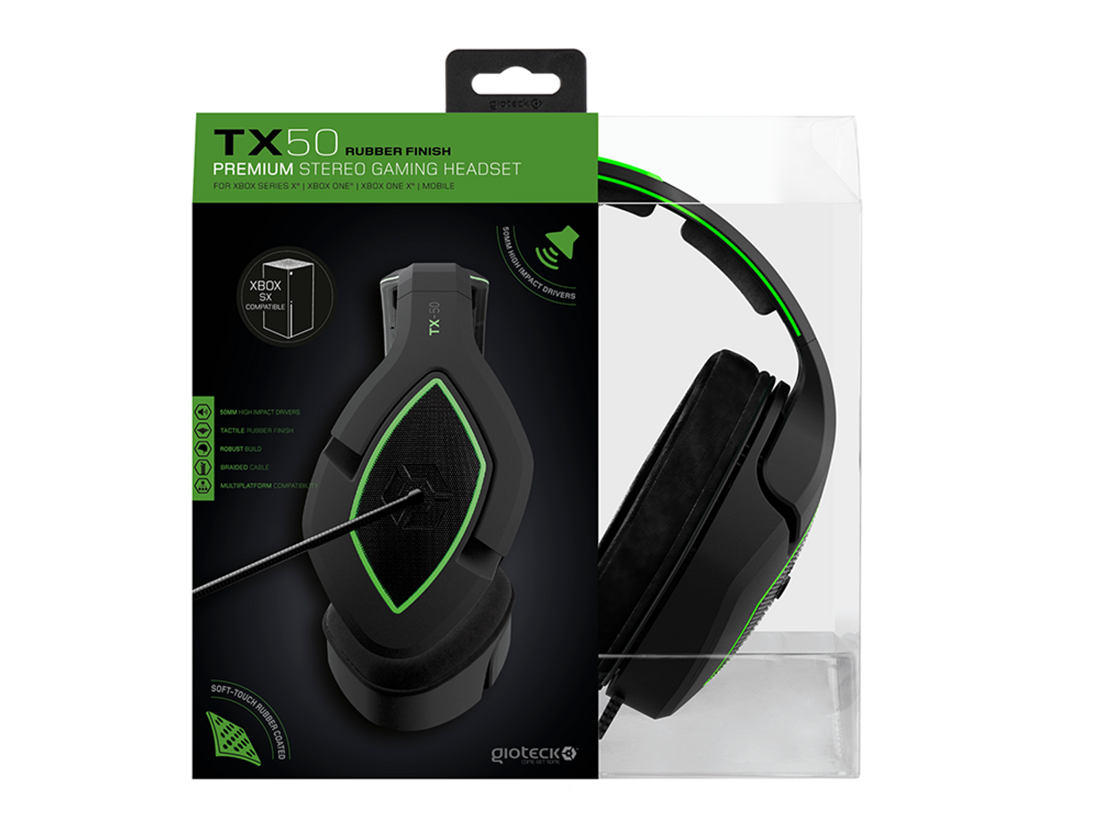 Zestaw słuchawkowy do gier w pudełku. Czarny zestaw słuchawkowy z zielonymi akcentami. Pudełko jest również czarne i zielone.