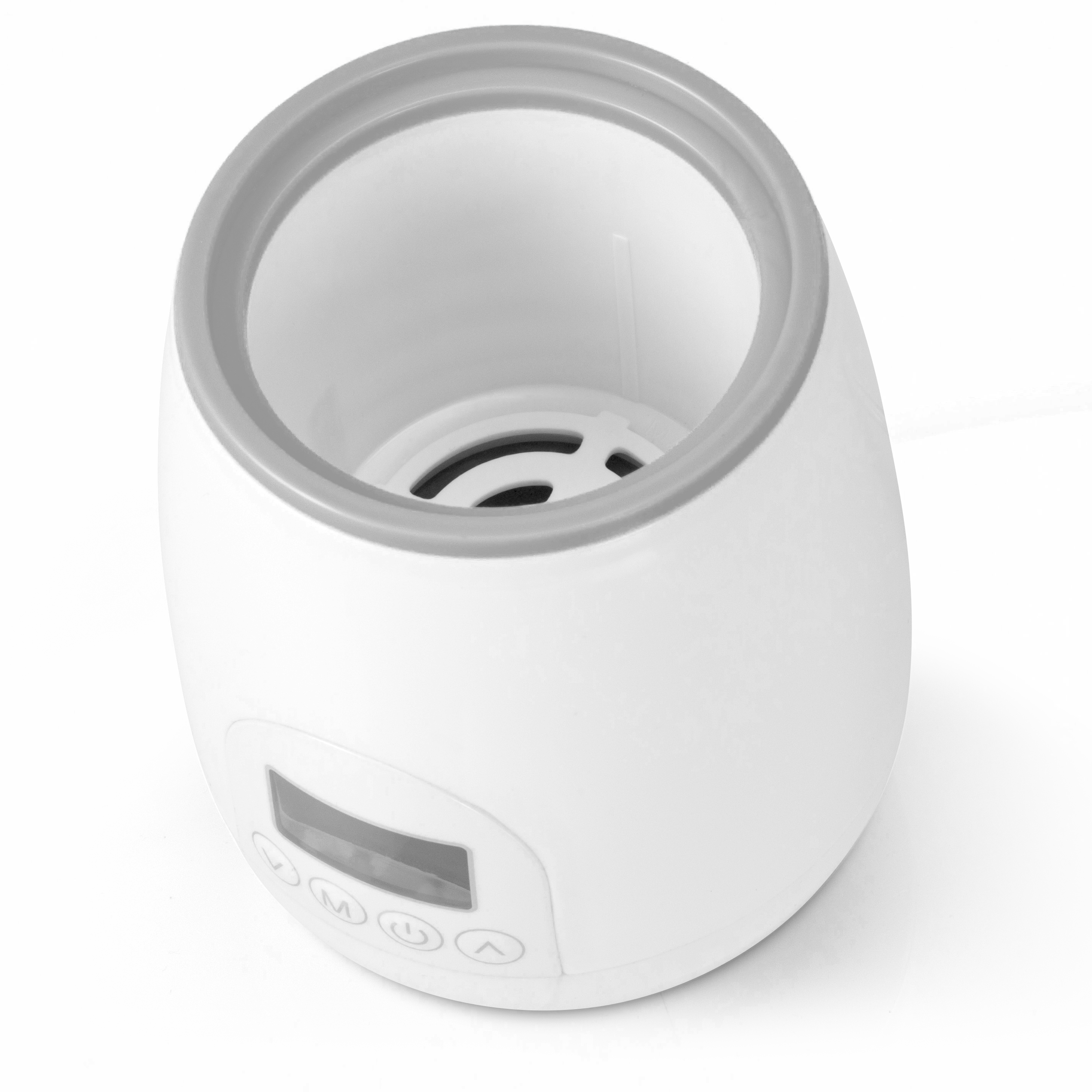 Uno scaldabiberon bianco con bordo grigio, che mostra il pannello di controllo.
