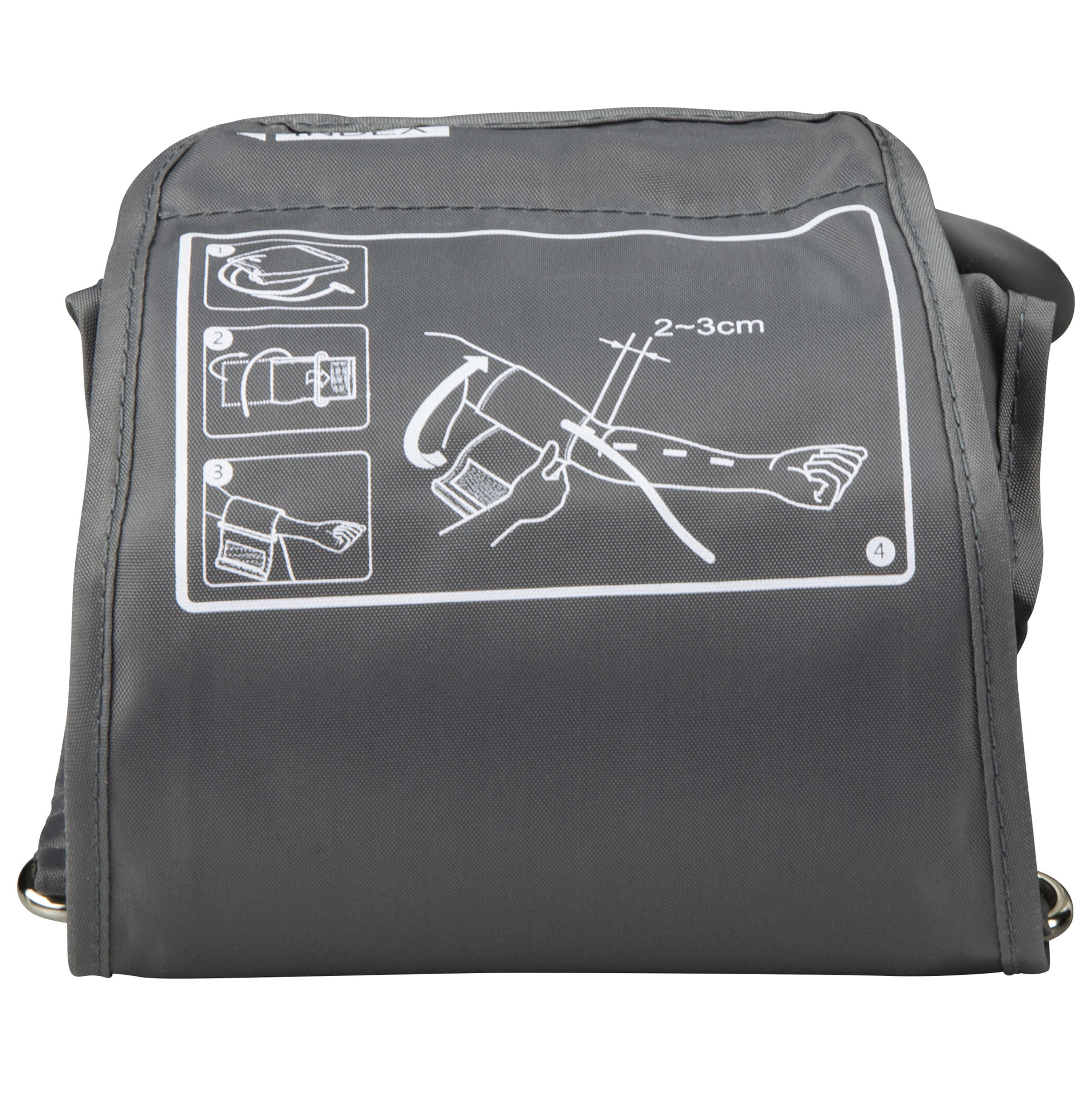 Graue Blutdruckmanschette mit Anweisungen, Diagrammen und Text.