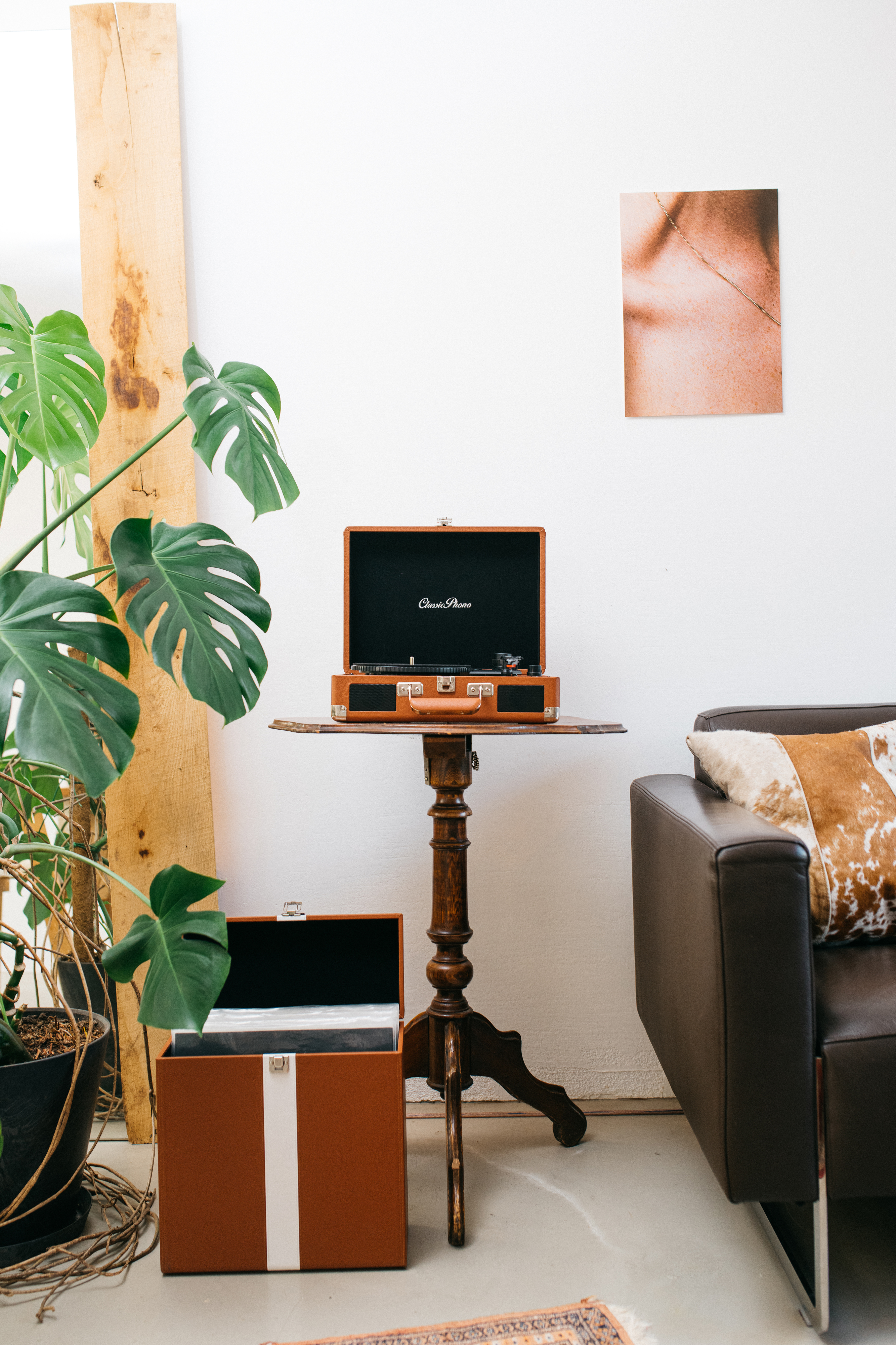 Pokój z gramofonem na stole, rośliną i skórzaną sofą.