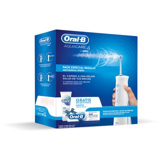 Pack irrigador + pasta de dientes - BRAUN Aquacare 4+Pasta 75ML, 4 modos de limpieza velocidades, Blanco/Azul