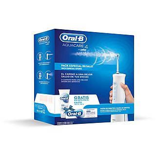 Pack irrigador + pasta de dientes - BRAUN Aquacare 4+Pasta 75ML, 4 modos de limpieza velocidades, Blanco/Azul