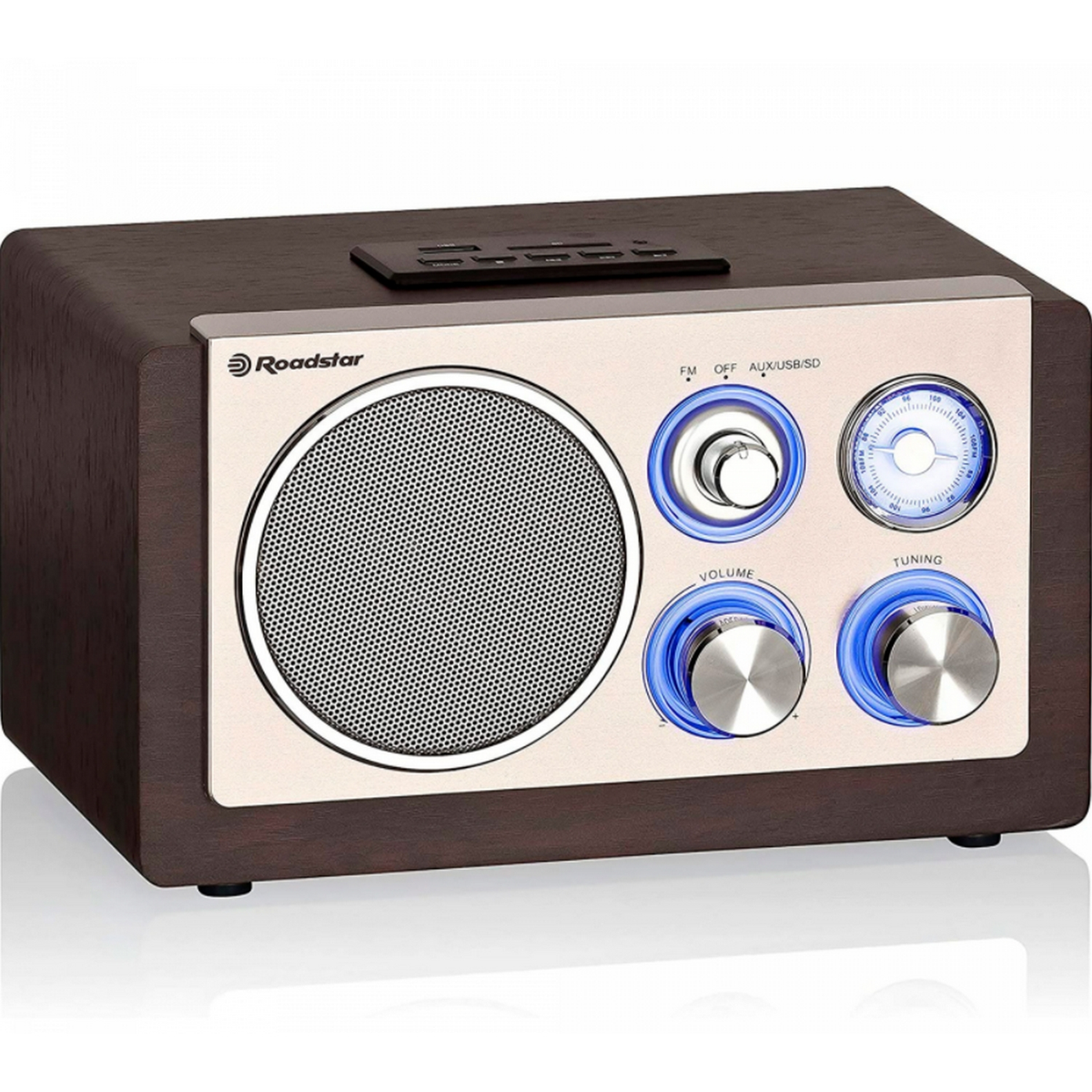 Holzradio mit Lautsprecher, Knöpfen und Reglern auf weißem Hintergrund.
