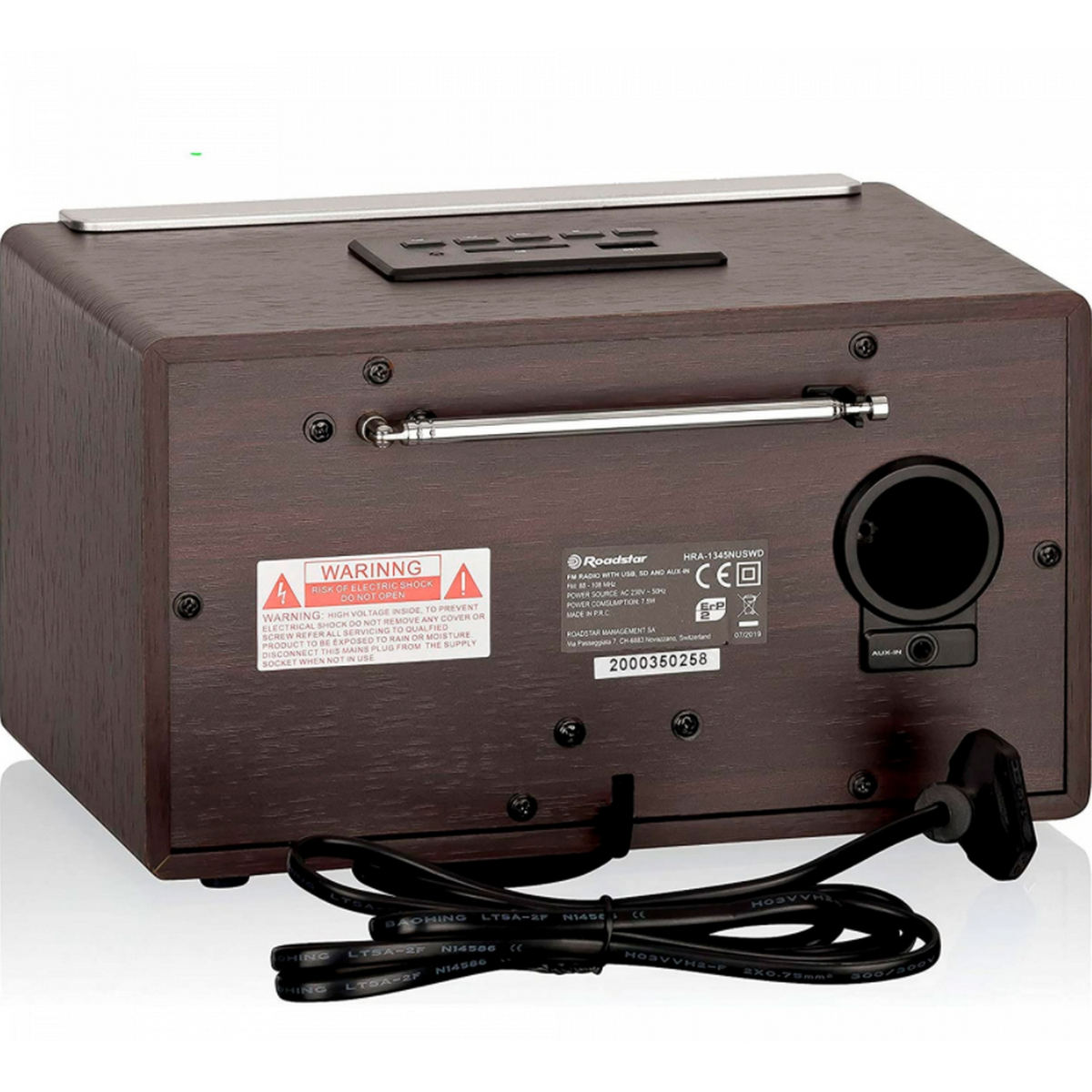 Rückseite eines dunklen Holzradios mit schwarzem Kabel und Antenne, mit Etiketten und Warnungen.