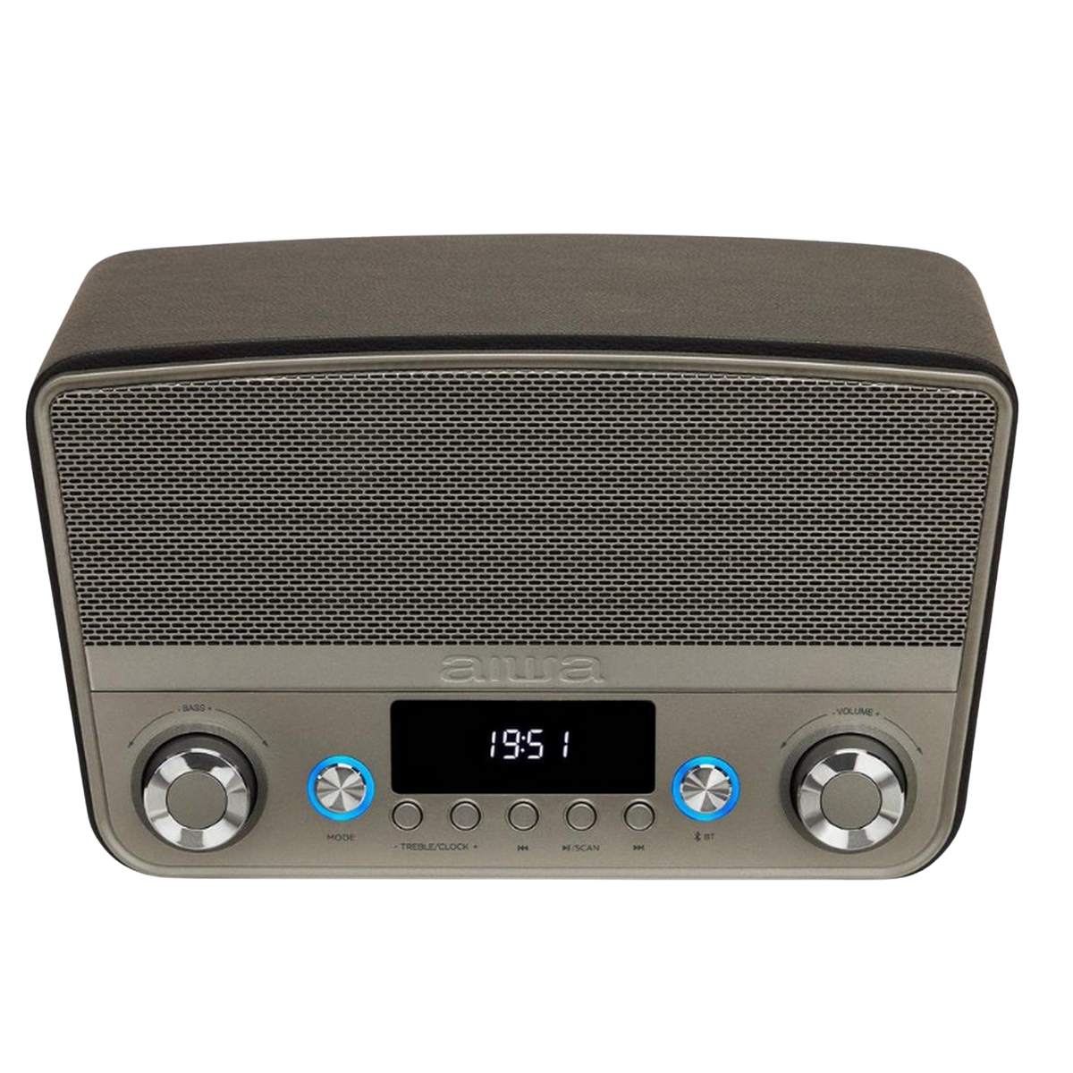 Una radio aiwa gris con botones y una pantalla.