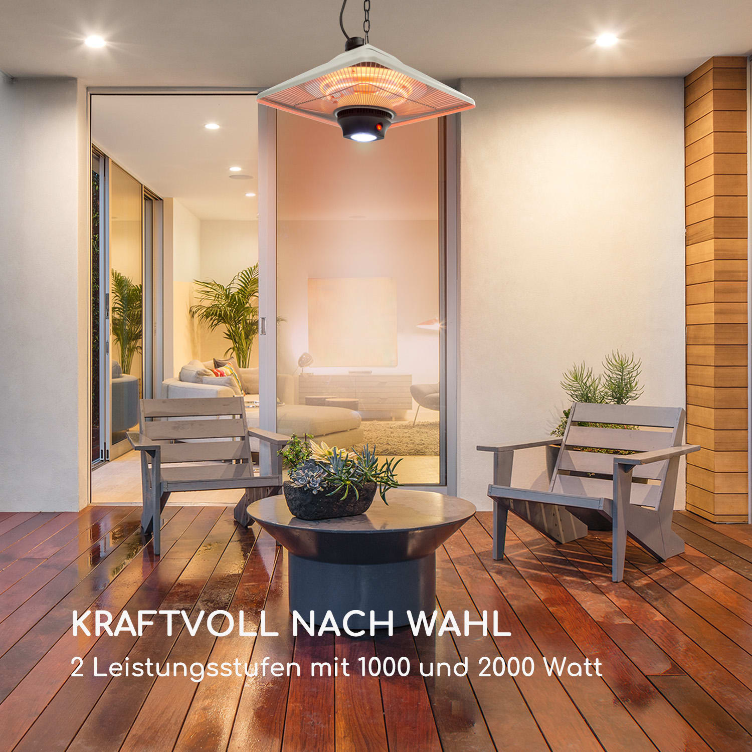 Deckenheizung, mit Text und Stühlen, draußen.