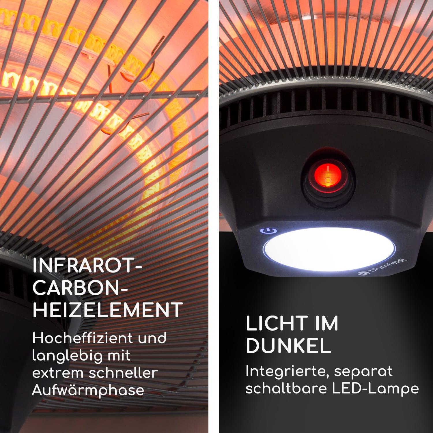 Zwei Bilder: Infrarot-Heizelement und rotes Licht auf Heizsockel. Beide Nahaufnahmen.