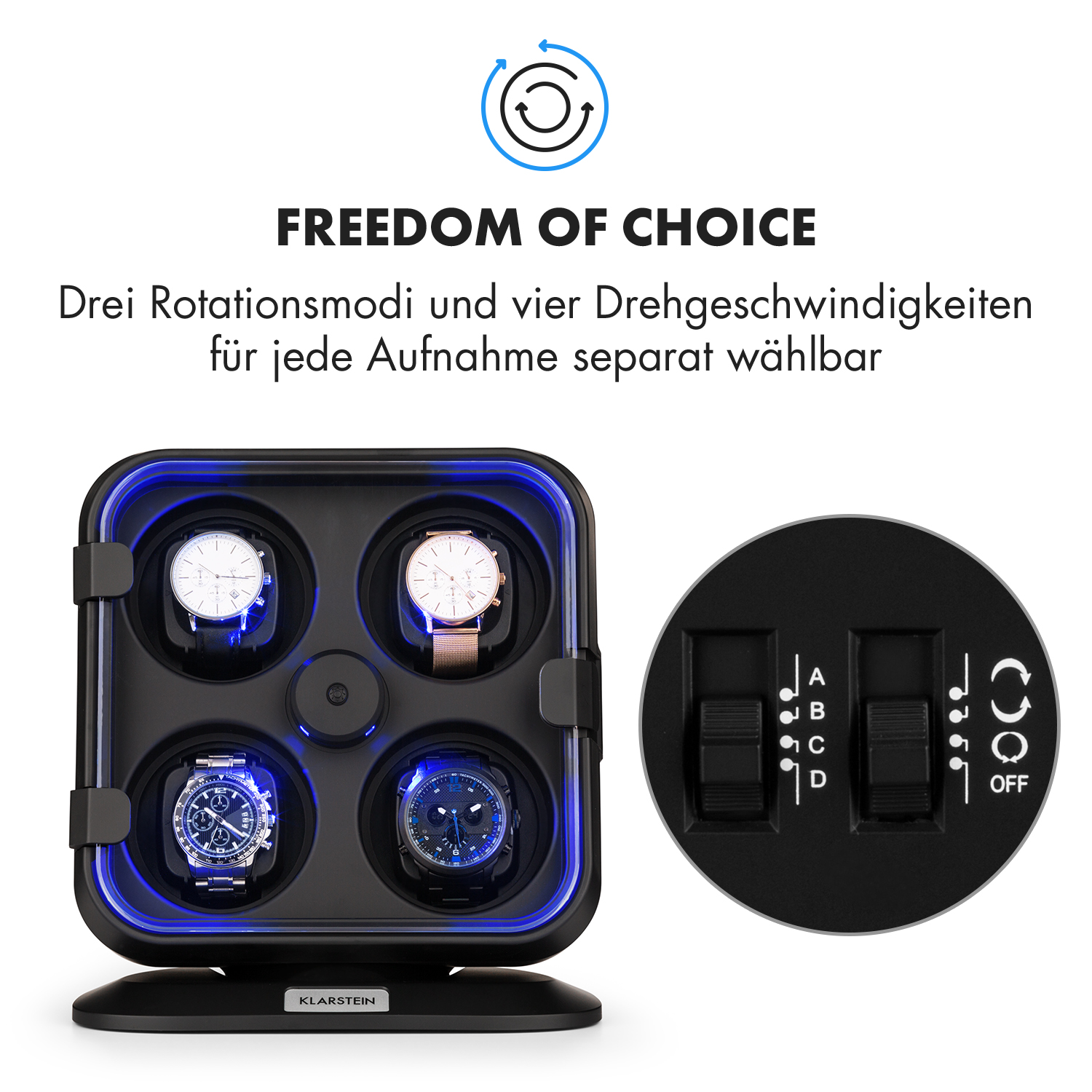 Ein Uhrenbeweger mit vier Uhren und einem Bedienfeld mit Einstellungen.