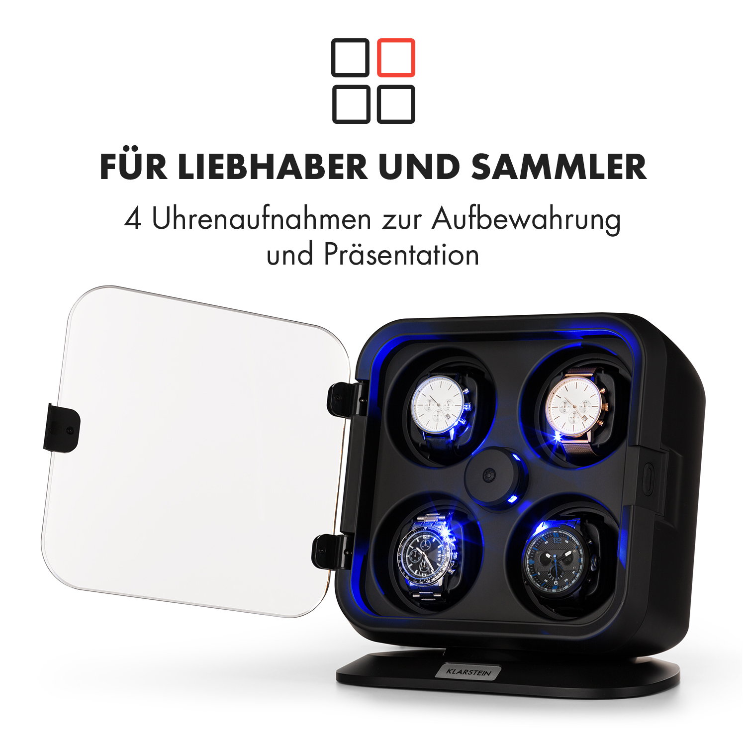 Schwarze Uhrenbewahrungsbox mit vier Uhren, sichtbar durch eine transparente Tür.