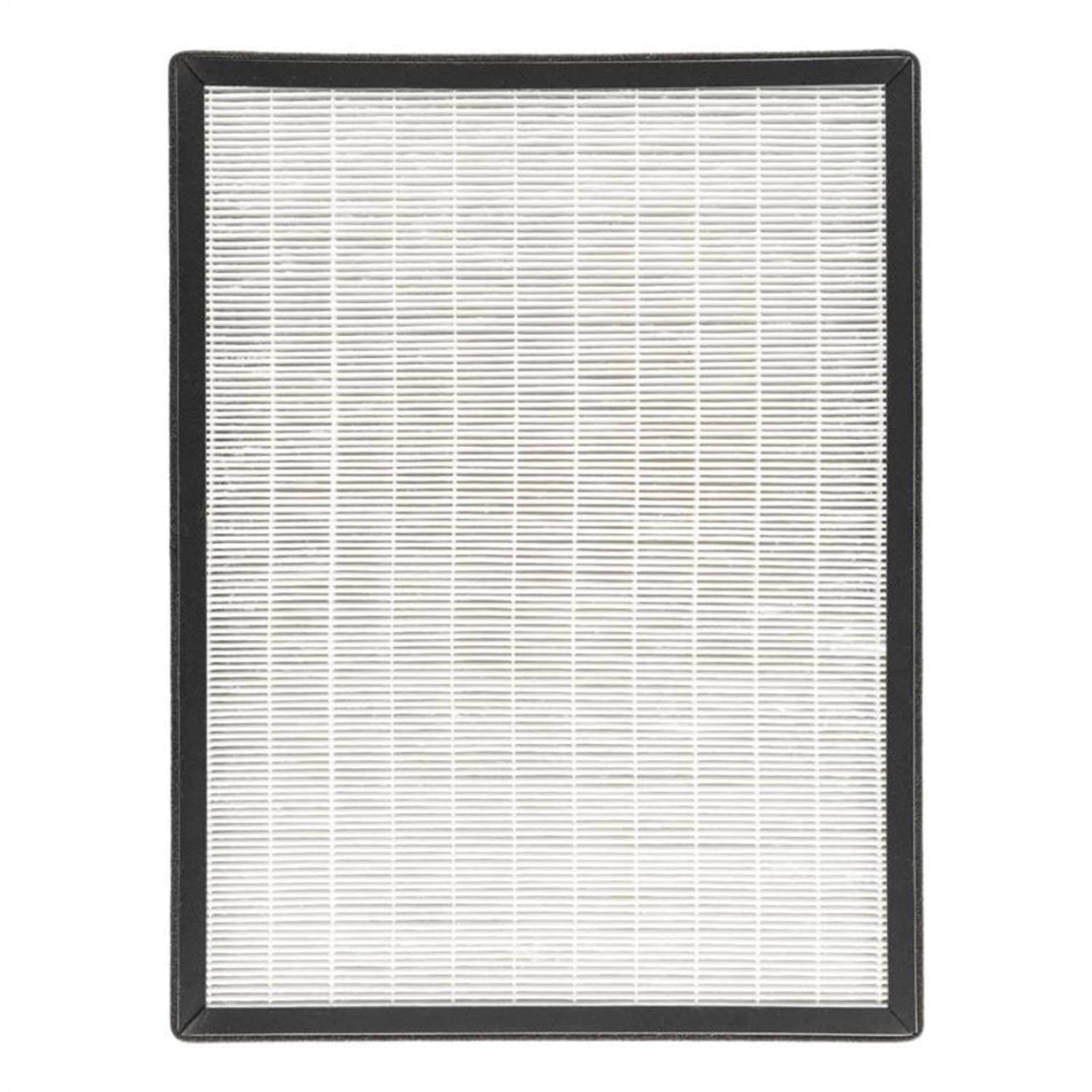 Rechteckiger Luftfilter mit schwarzem Rahmen. Er hat einen weißen, plissierten Filter im Inneren.