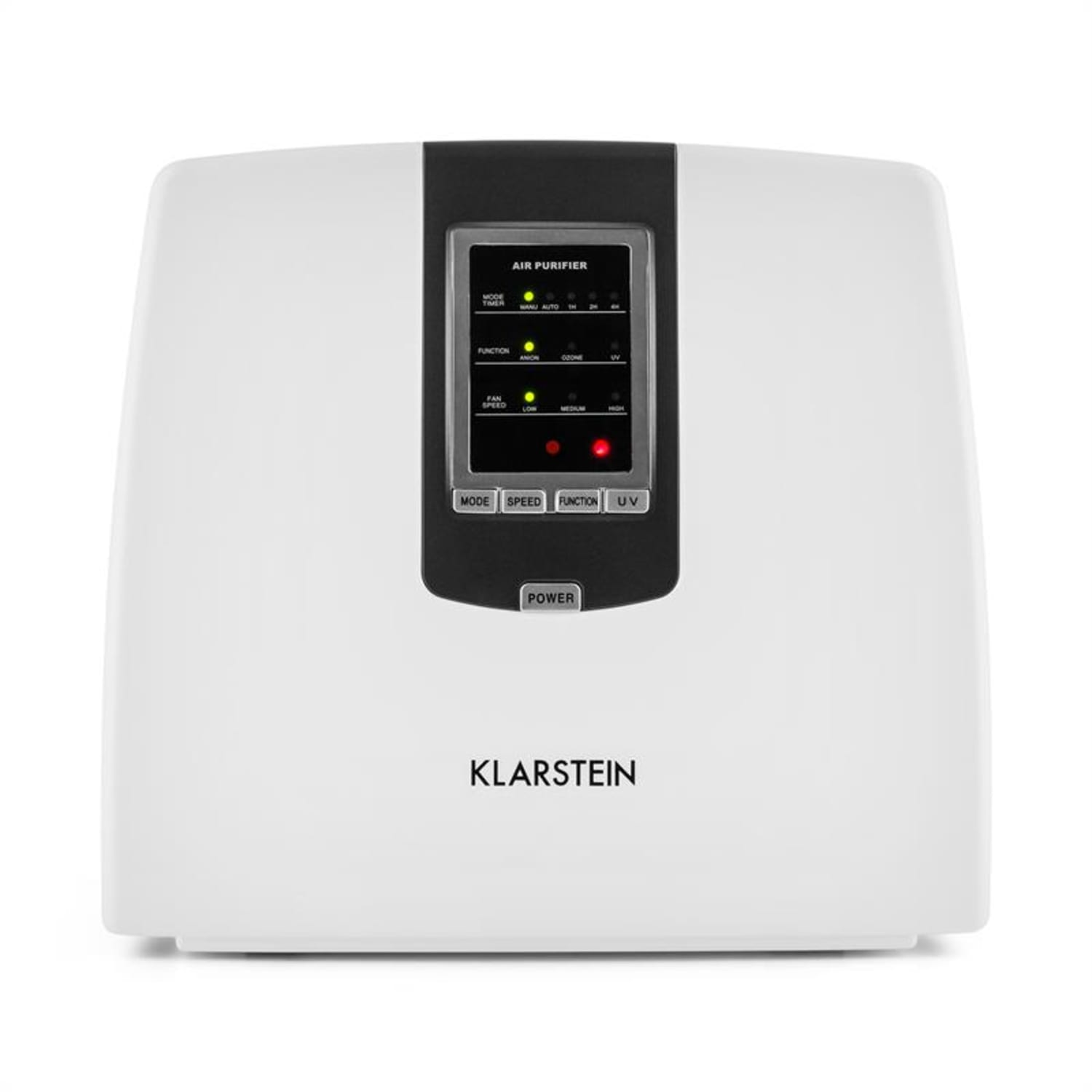 Purificateur d'air blanc avec un panneau de contrôle. Le panneau comporte des boutons pour différentes fonctions.
