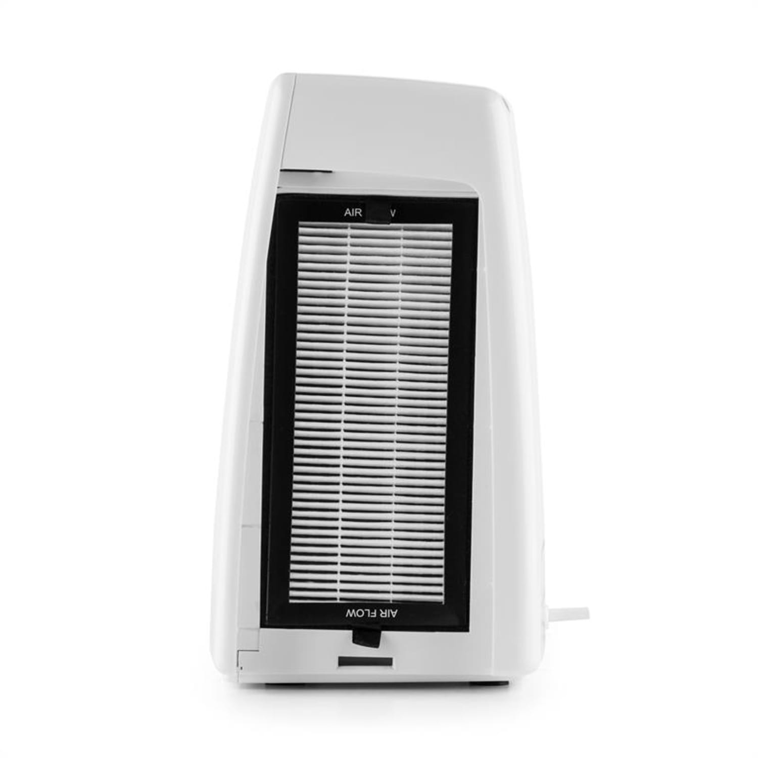 Un purificateur d'air blanc avec un filtre noir. L'arrière du purificateur est montré.