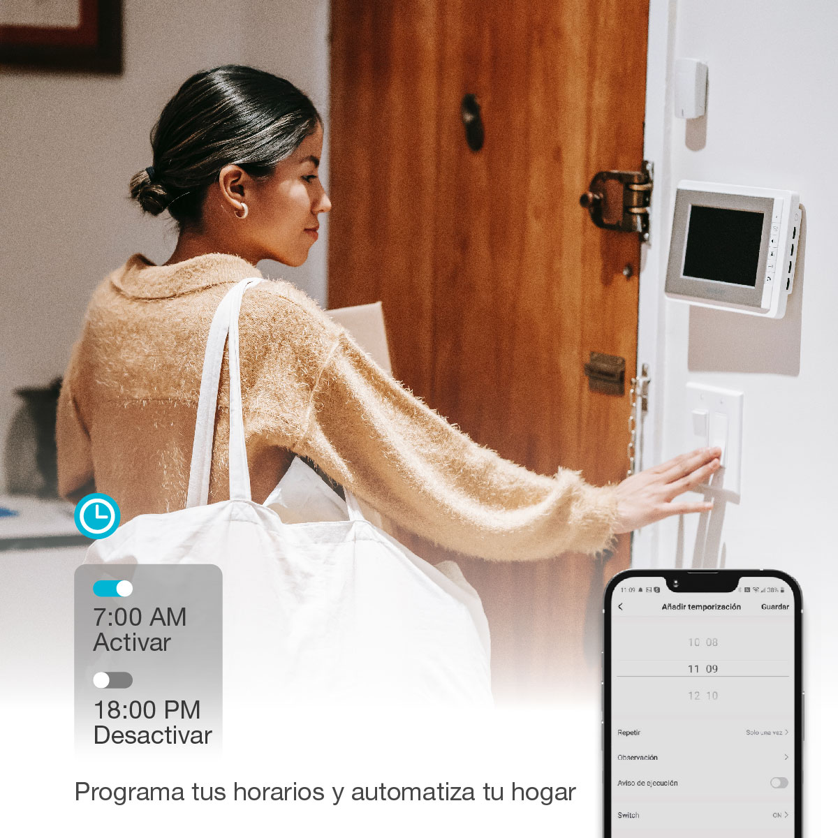 Una mujer configurando un horario de automatización del hogar en su teléfono, con una pantalla en la pared.