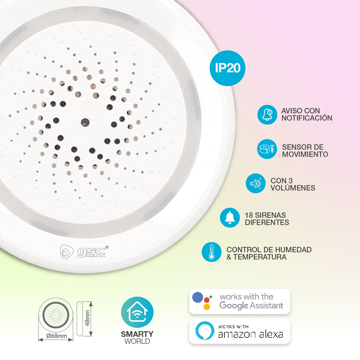 Sistema de alarma blanco con muchos agujeros, con iconos y texto. Tiene soporte para Google Assistant y Alexa.