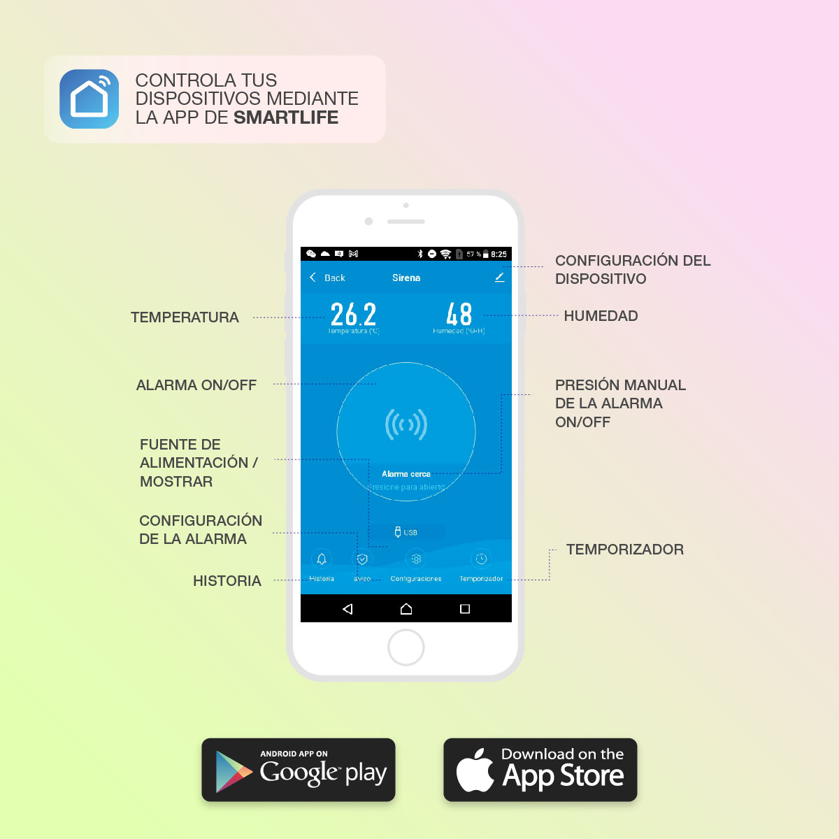 Pantalla de smartphone que muestra una interfaz de aplicación, con varias opciones e ícono de control.