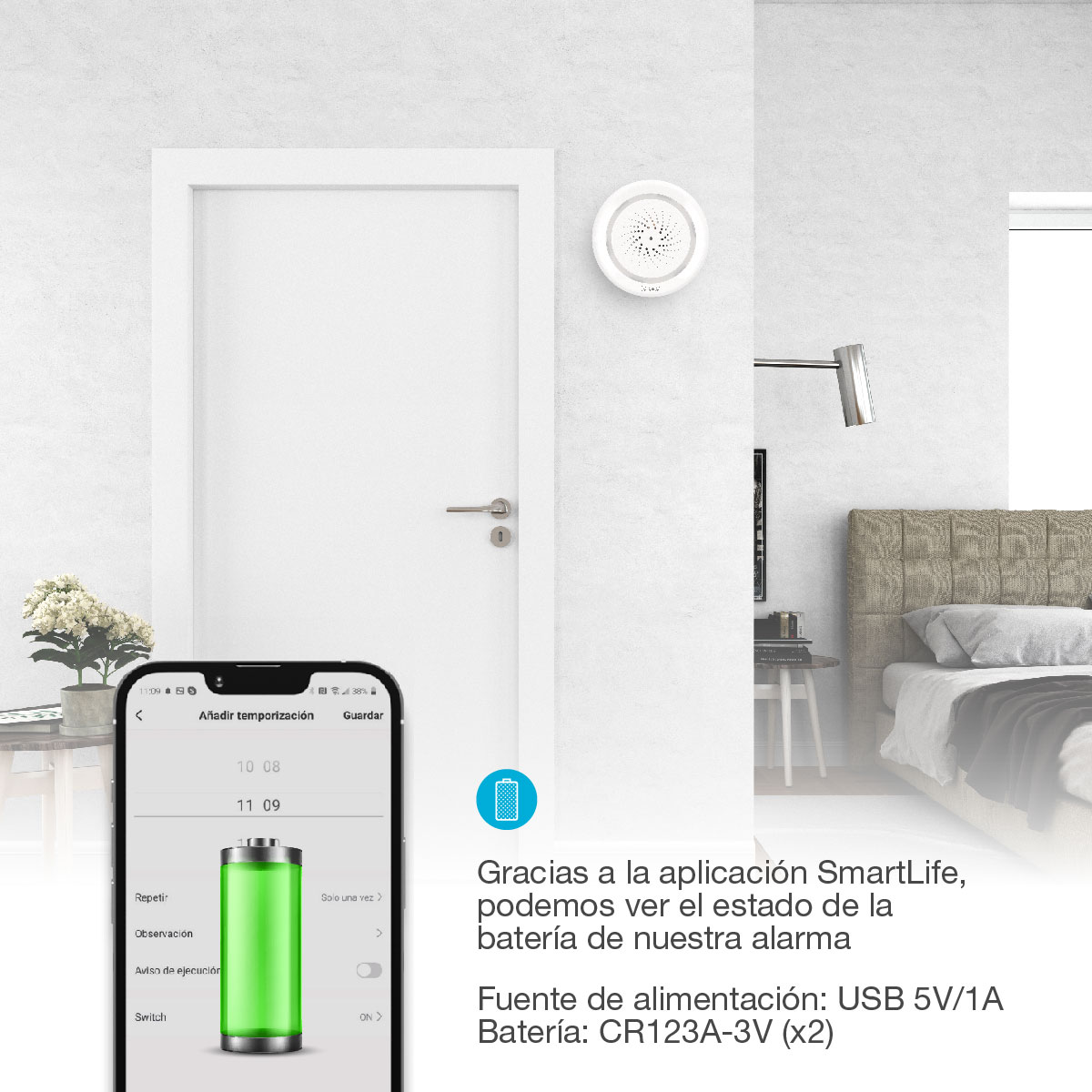 Teléfono móvil con un icono de batería verde, habitación y texto.