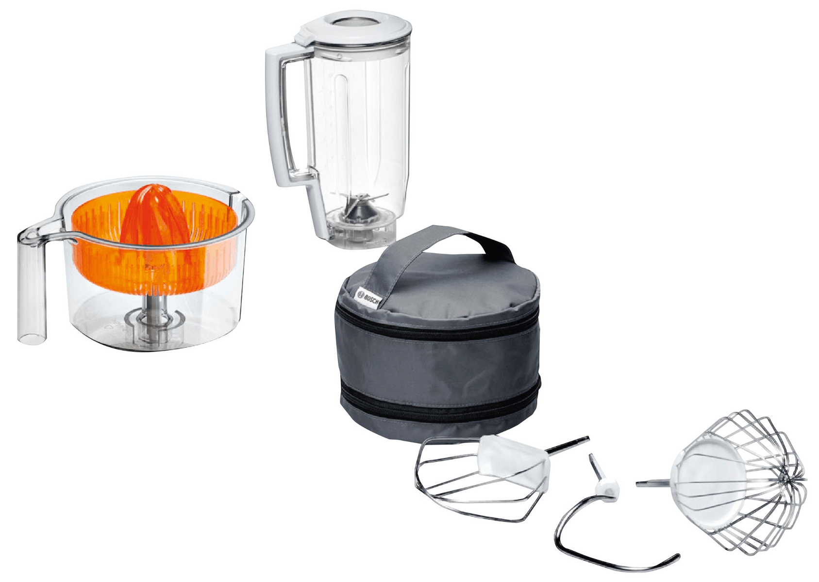 Parti di elettrodomestici da cucina tra cui un frullatore, uno spremiagrumi e altri accessori, vista dall'alto.