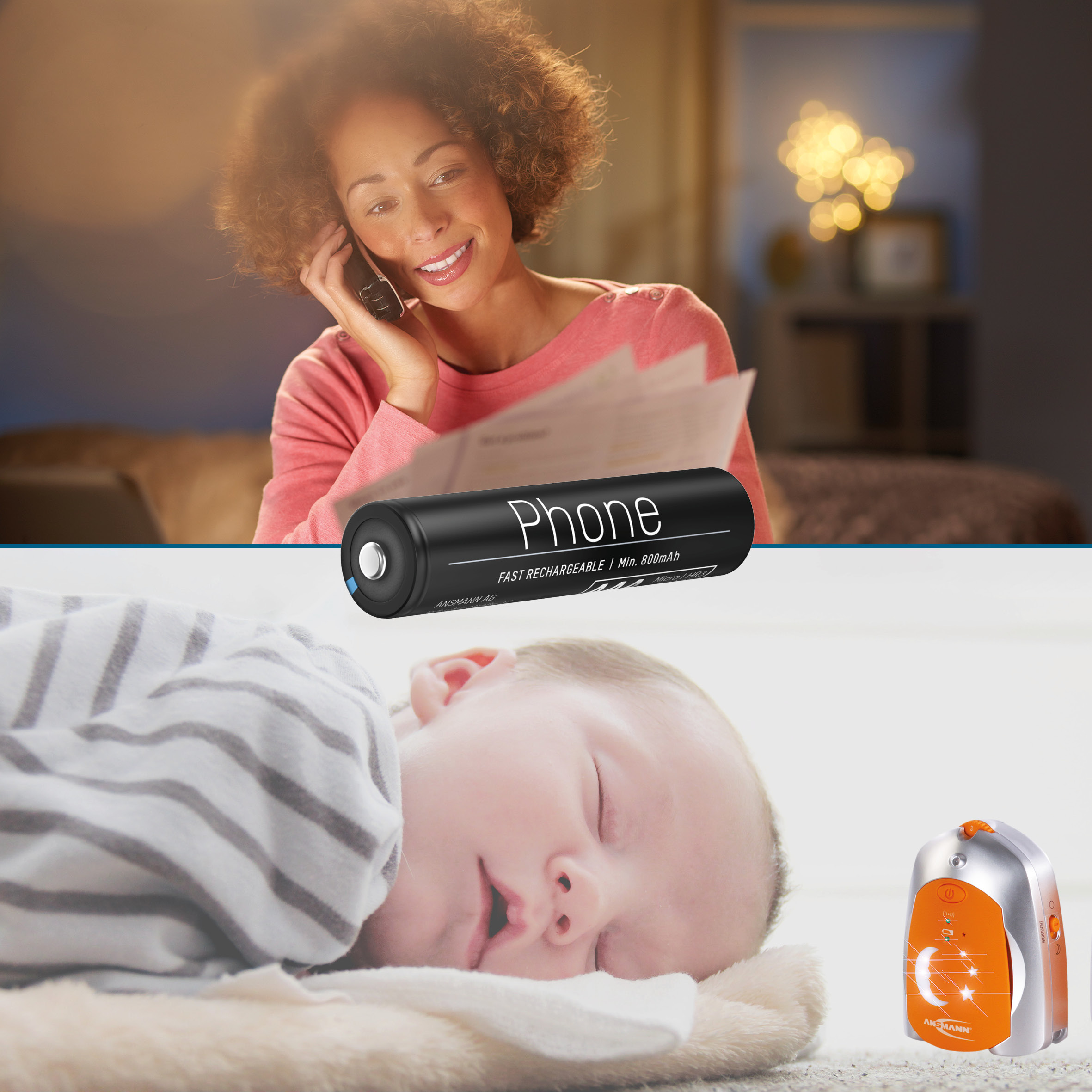 Frau telefoniert, Batterie und schlafendes Baby mit Babyphone in einem Raum.