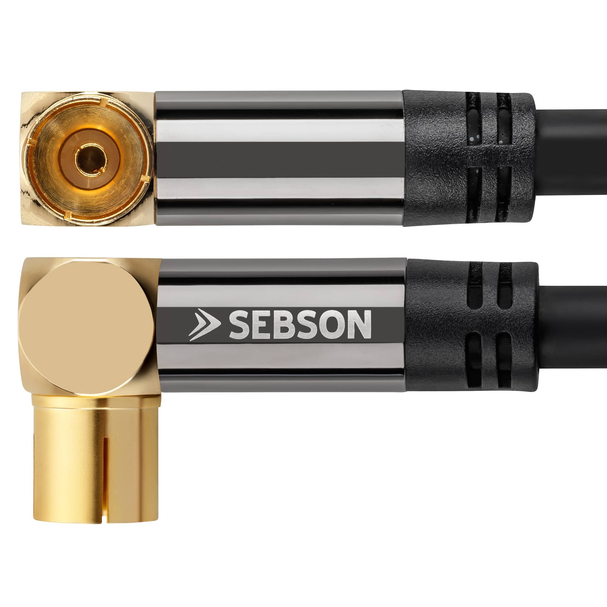 Zwei abgewinkelte schwarze und goldene Stecker, Marke Sebson, Kabel mit schwarzer Ummantelung.