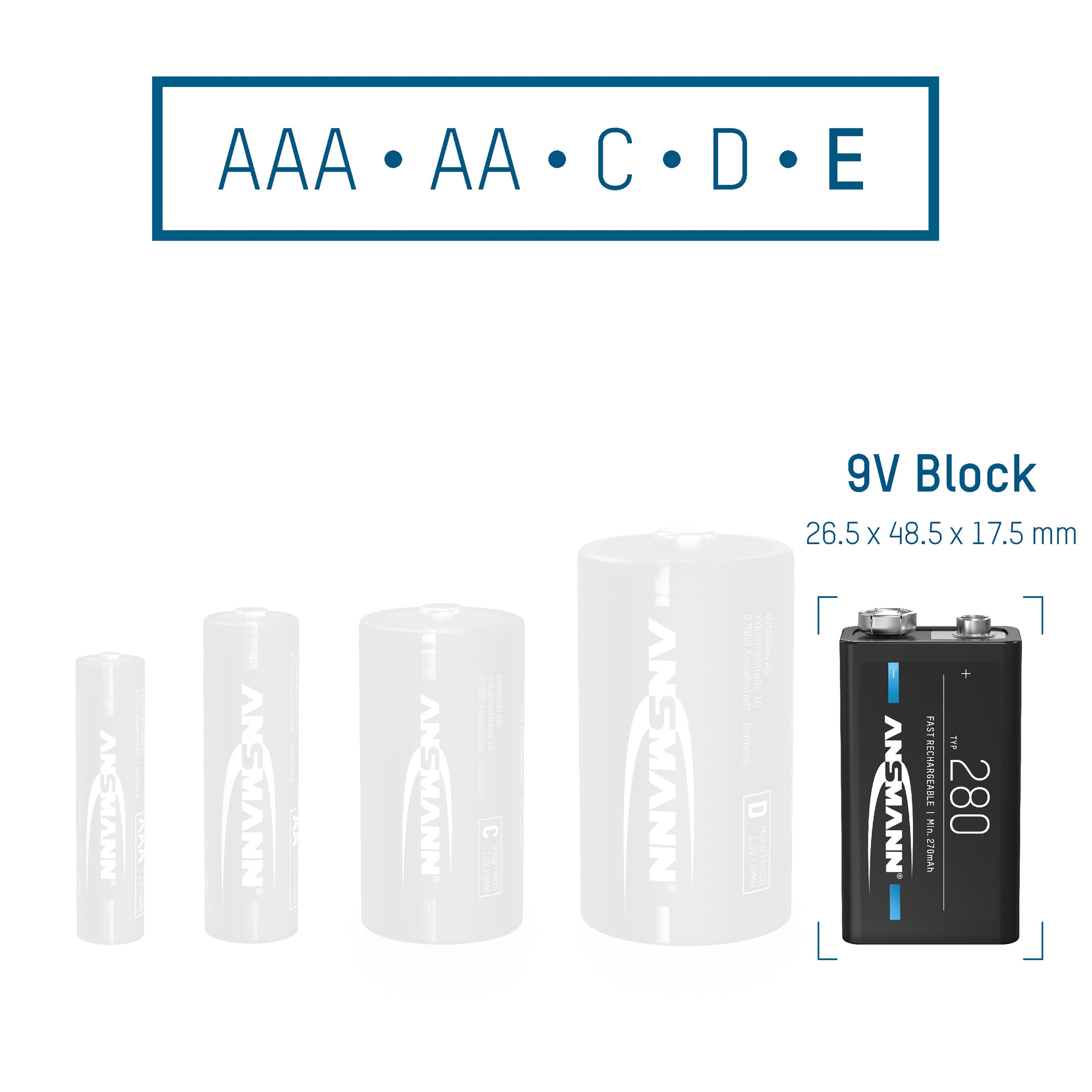 Batterien in verschiedenen Größen und Typen werden mit einer 9V-Blockbatterie rechts angezeigt.