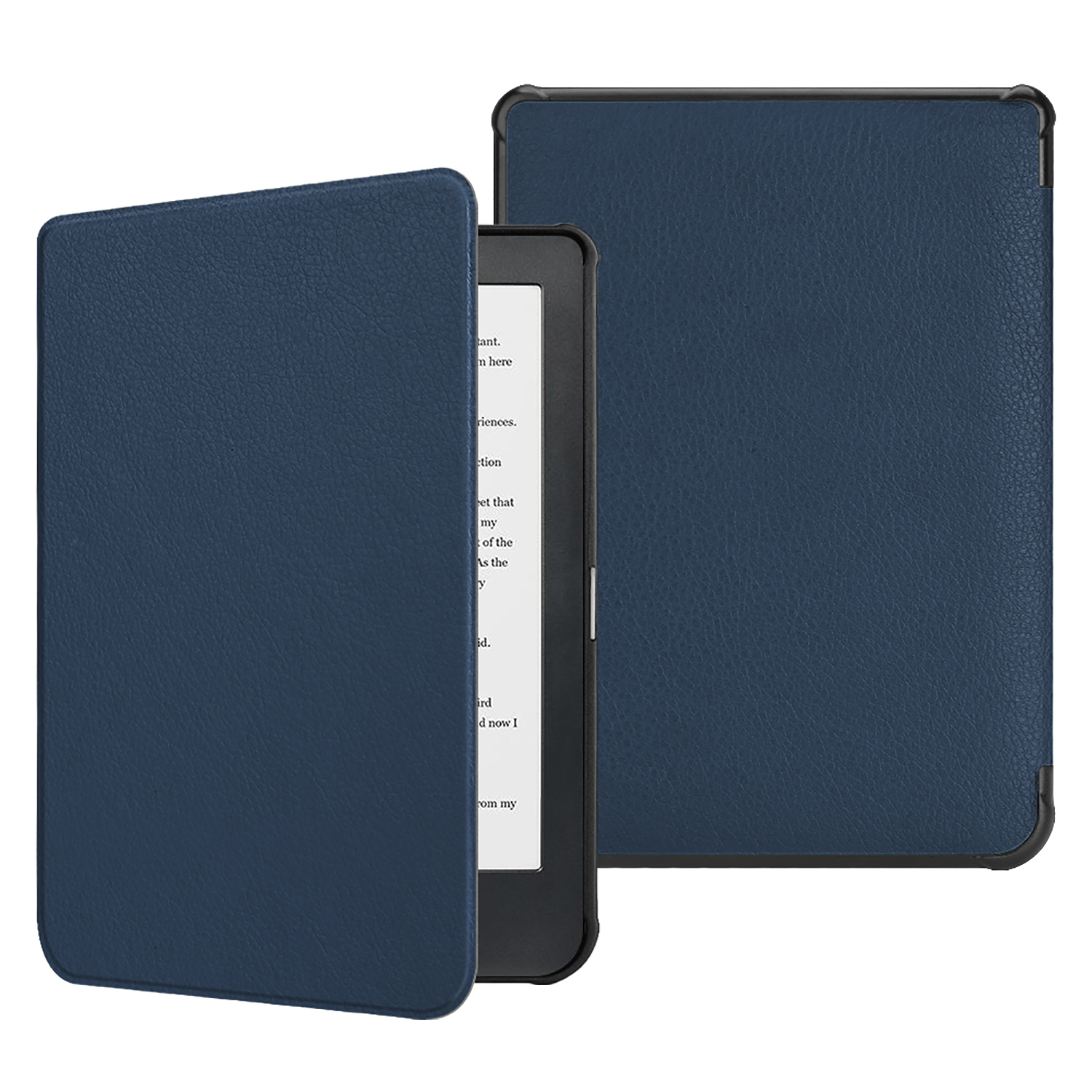 Blaue E-Book-Hülle geöffnet, mit einem schwarzen E-Reader, der Text anzeigt. Eine weitere Hülle ist im Hintergrund geschlossen.