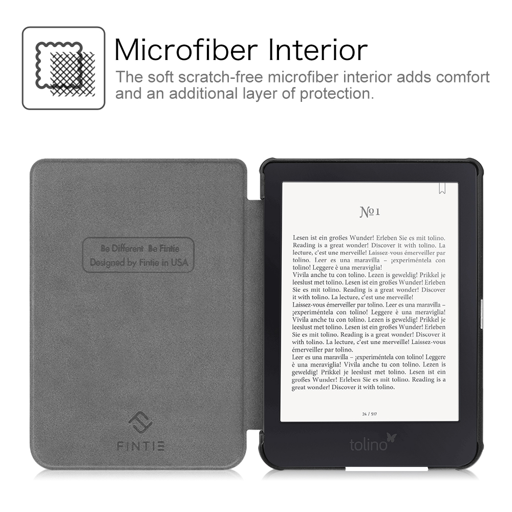 E-Reader offen, mit grauem Gehäuse. Mikrofaser-Innenraum gezeigt. Text auf dem Bildschirm.